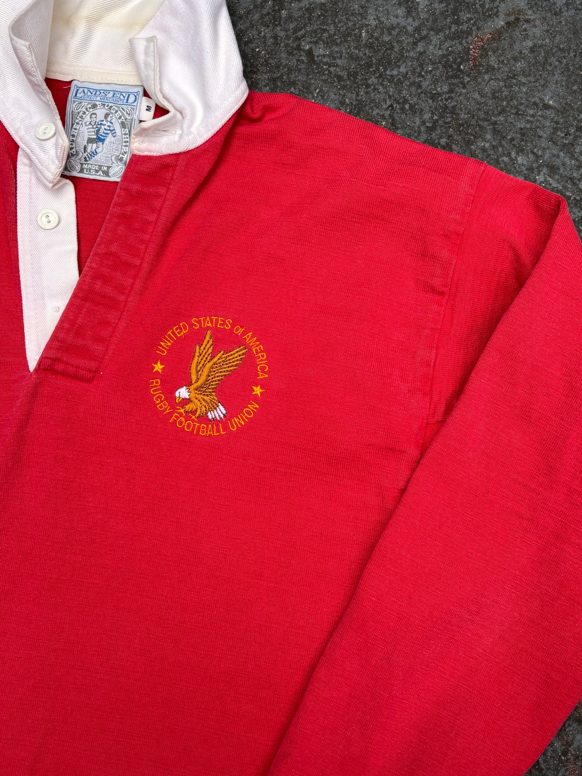 Vintage 90s Lands End Rugby Polo Size M Red Eagle Embroidered Logo Made in USA