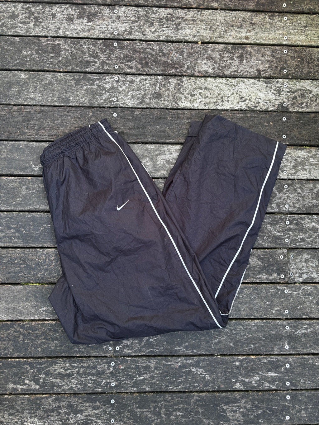 Classic Y2K Nike Track Pants Size L Black w/ Grey Spell Out Logo