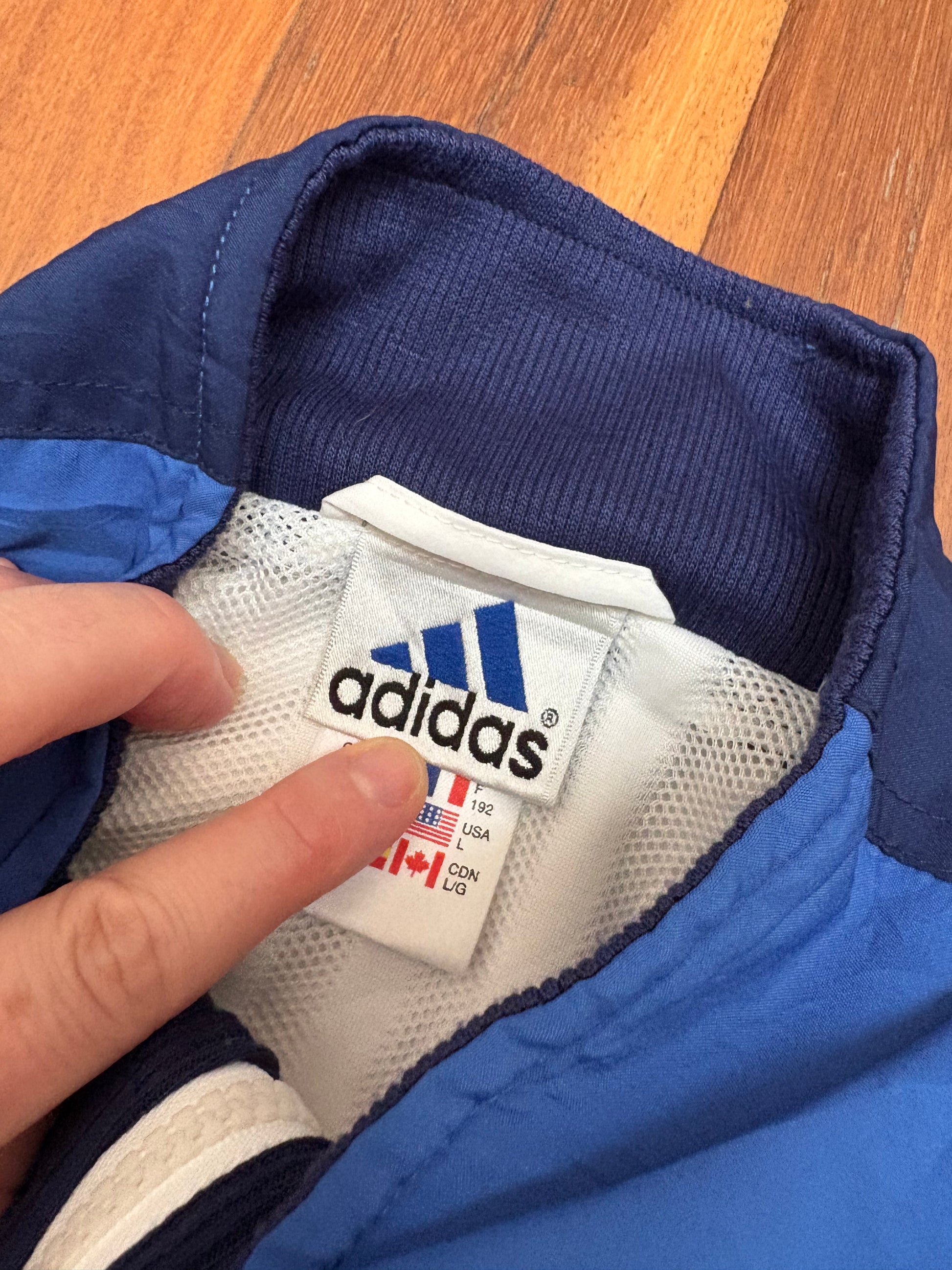 Vintage 90s Adidas Jacket Size L White Blue Auto Shop Print Classic Windbreaker