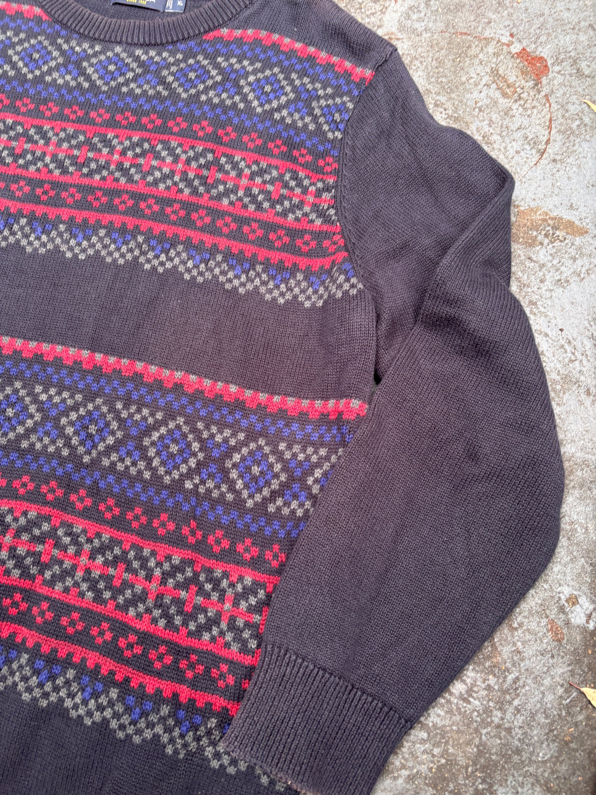 Nautica Knit Jumper Size XL Navy Red Fair Isle Pattern Cotton Crew Neck Sweater