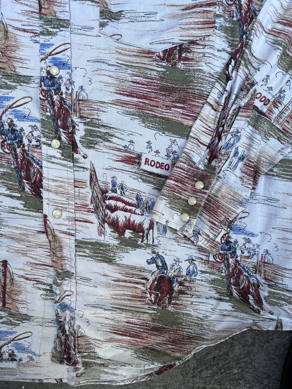Vintage Outlaw Western Wear Shirt Size XL All Over Rodeo Pattern Pearl Snap Button Up