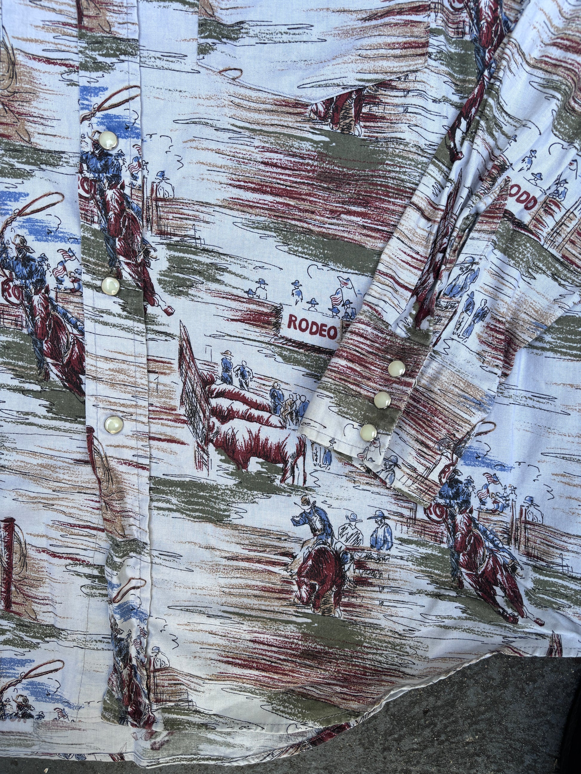Vintage Outlaw Western Wear Shirt Size XL All Over Rodeo Pattern Pearl Snap Button Up