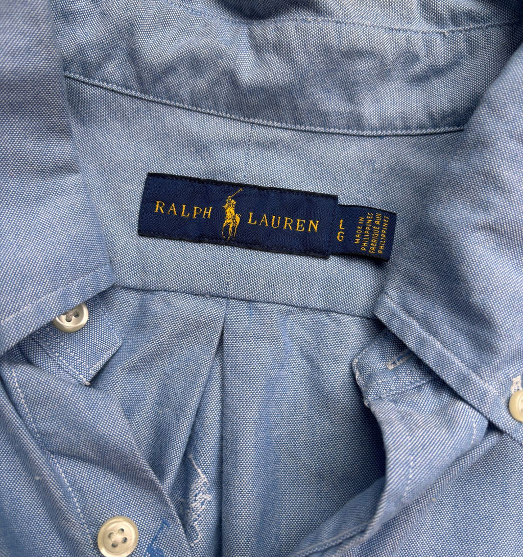 Ralph Lauren All Over Pony Logo Shirt Women's L Blue Short Sleeve Embroidered Pony