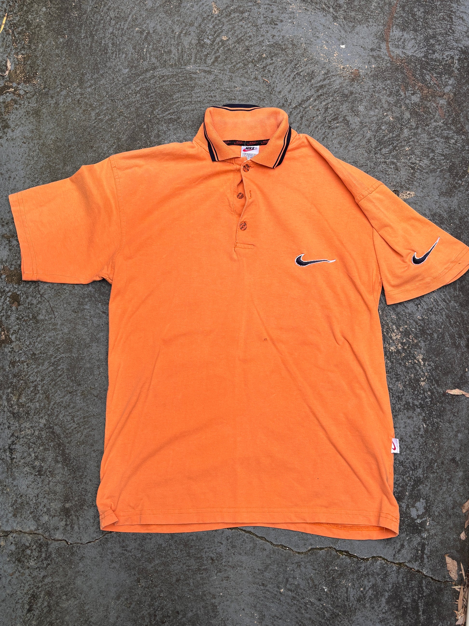 Vintage 90s Nike Polo Shirt Size M Orange Navy Chest Swoosh Made in USA