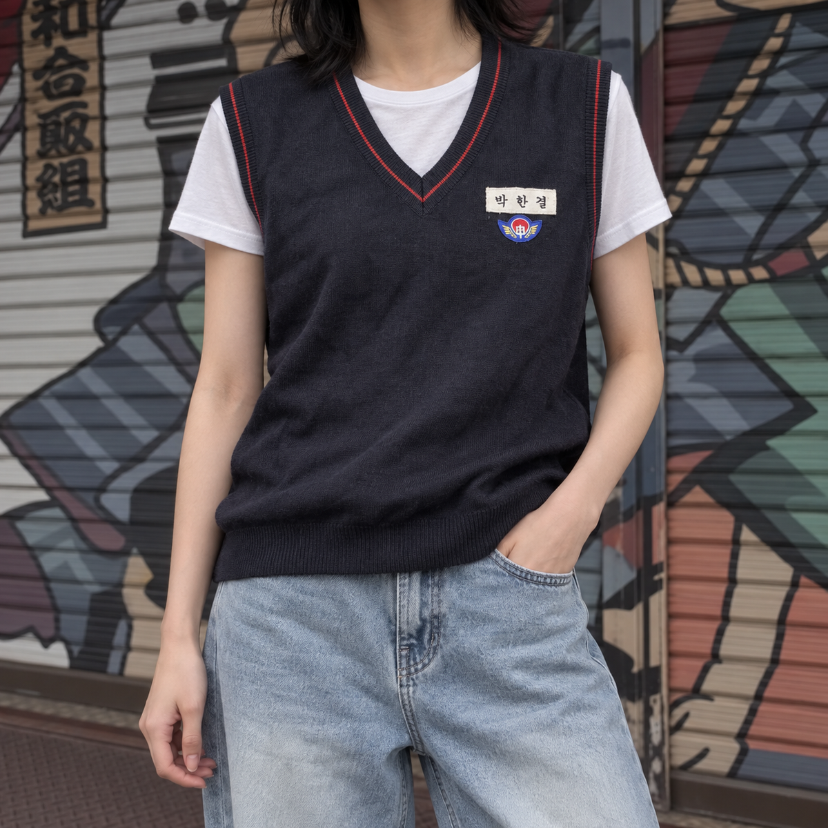 2000s Korean School Uniform Vest Women's Small Black Badge Logo V-neck