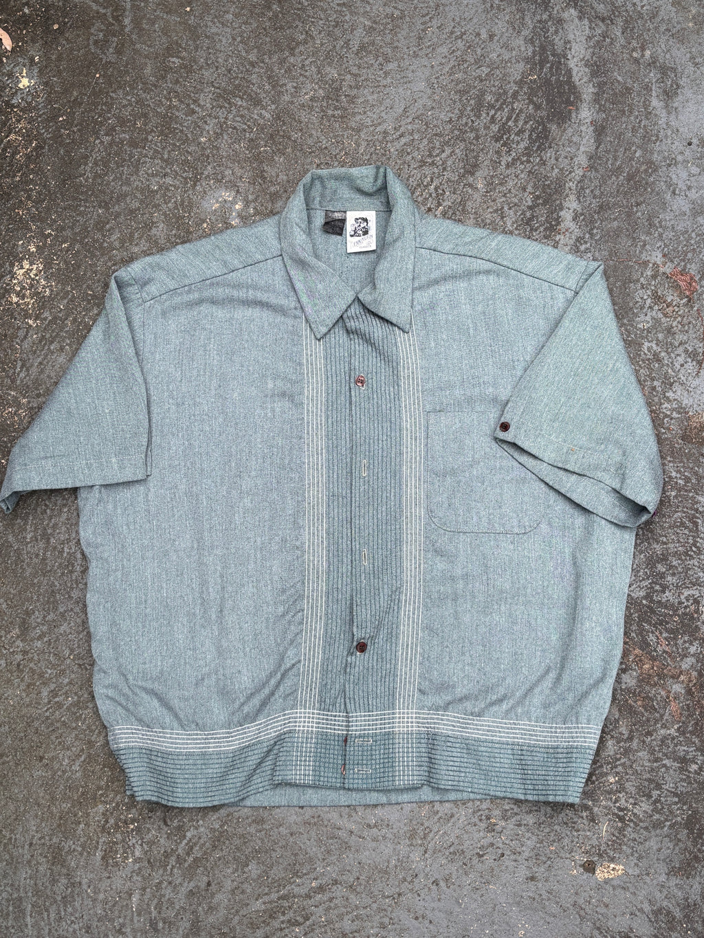 Vintage 70s Kennington Shirt Size L Green Stitch Pattern Mod Style Boxy Fit