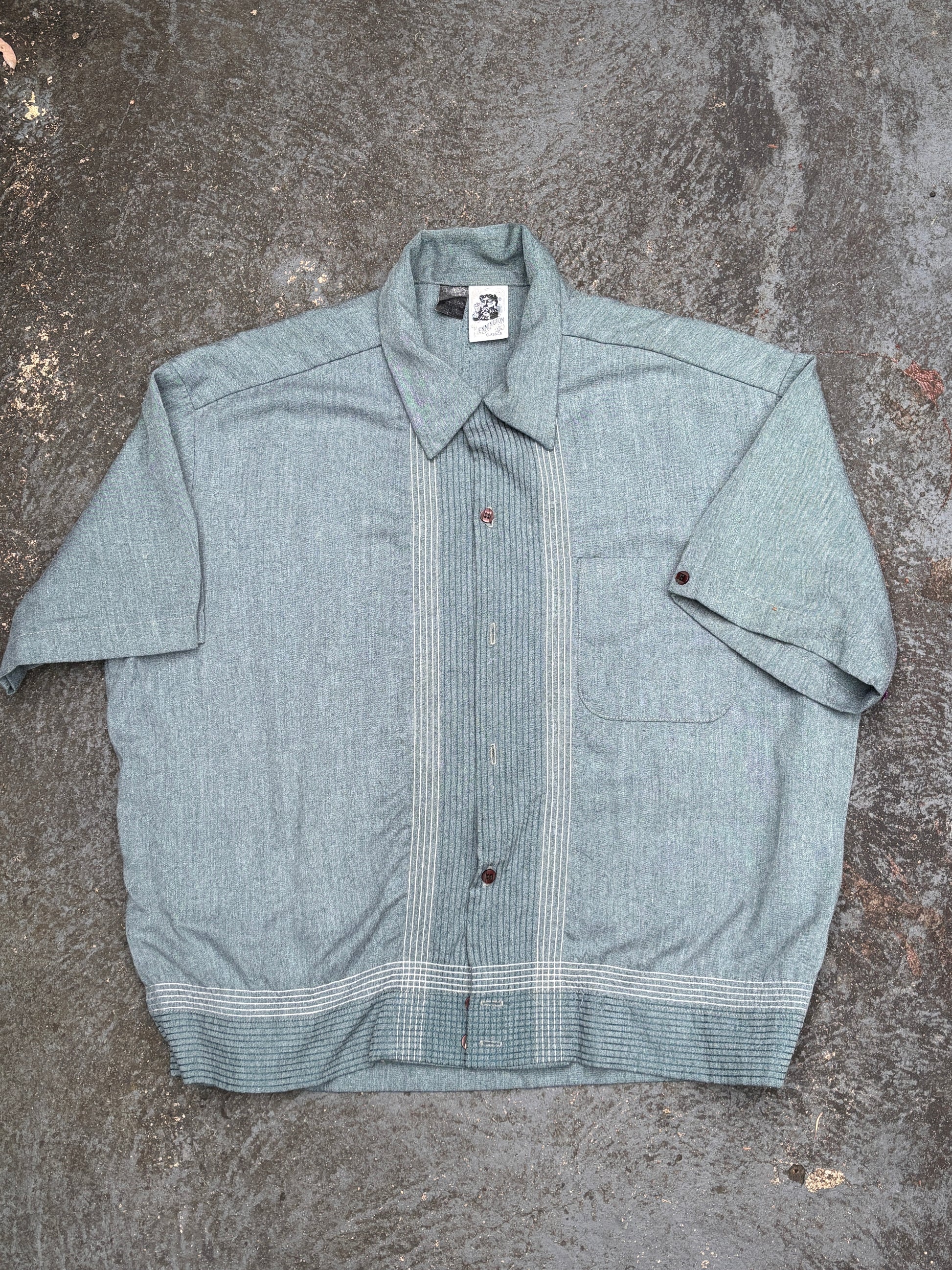 Vintage 70s Kennington Shirt Size L Green Stitch Pattern Mod Style Boxy Fit