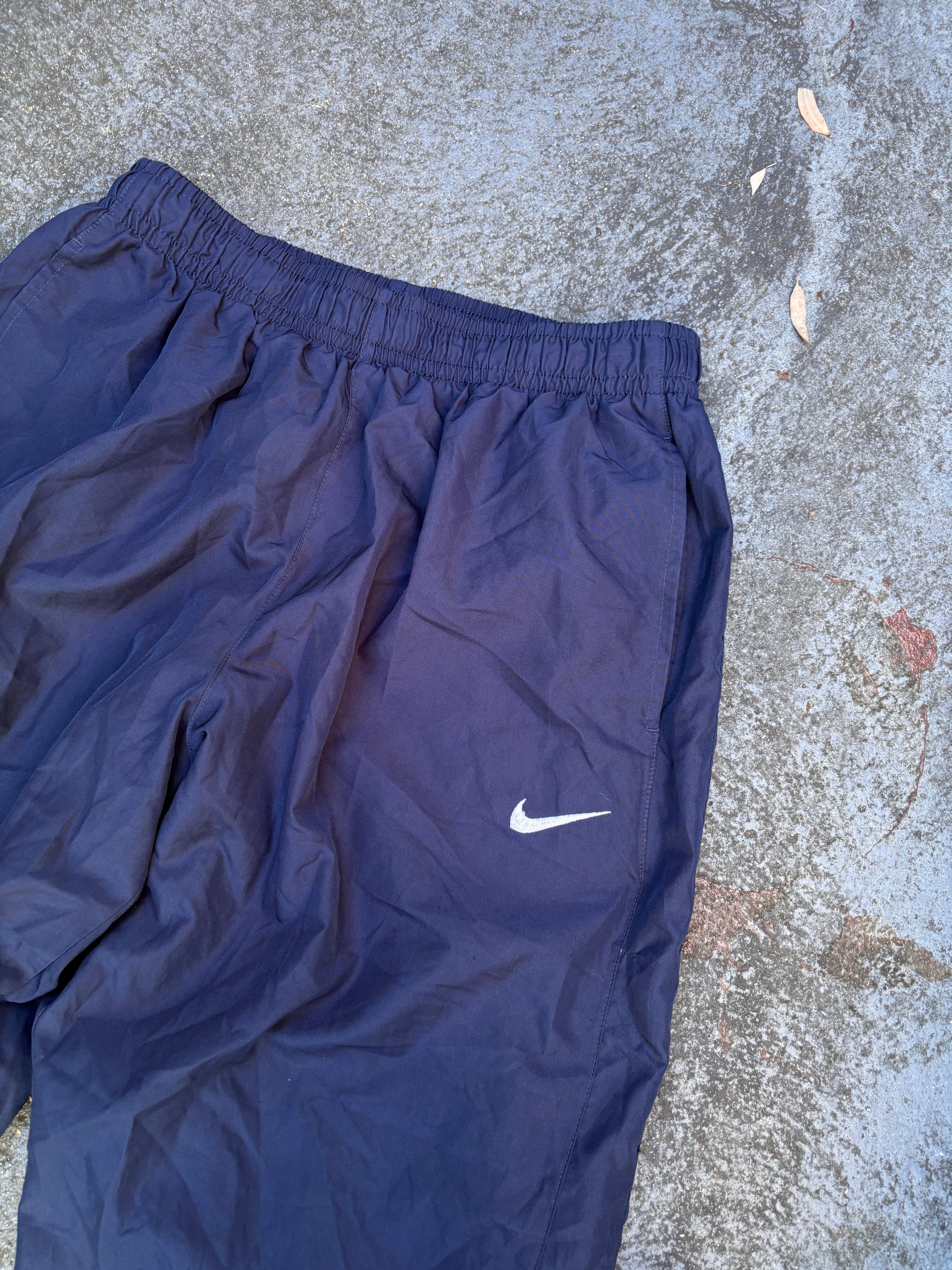 Nike Track Pants Sz L Navy White Swoosh Straight Leg Classic Nylon Windbreakers
