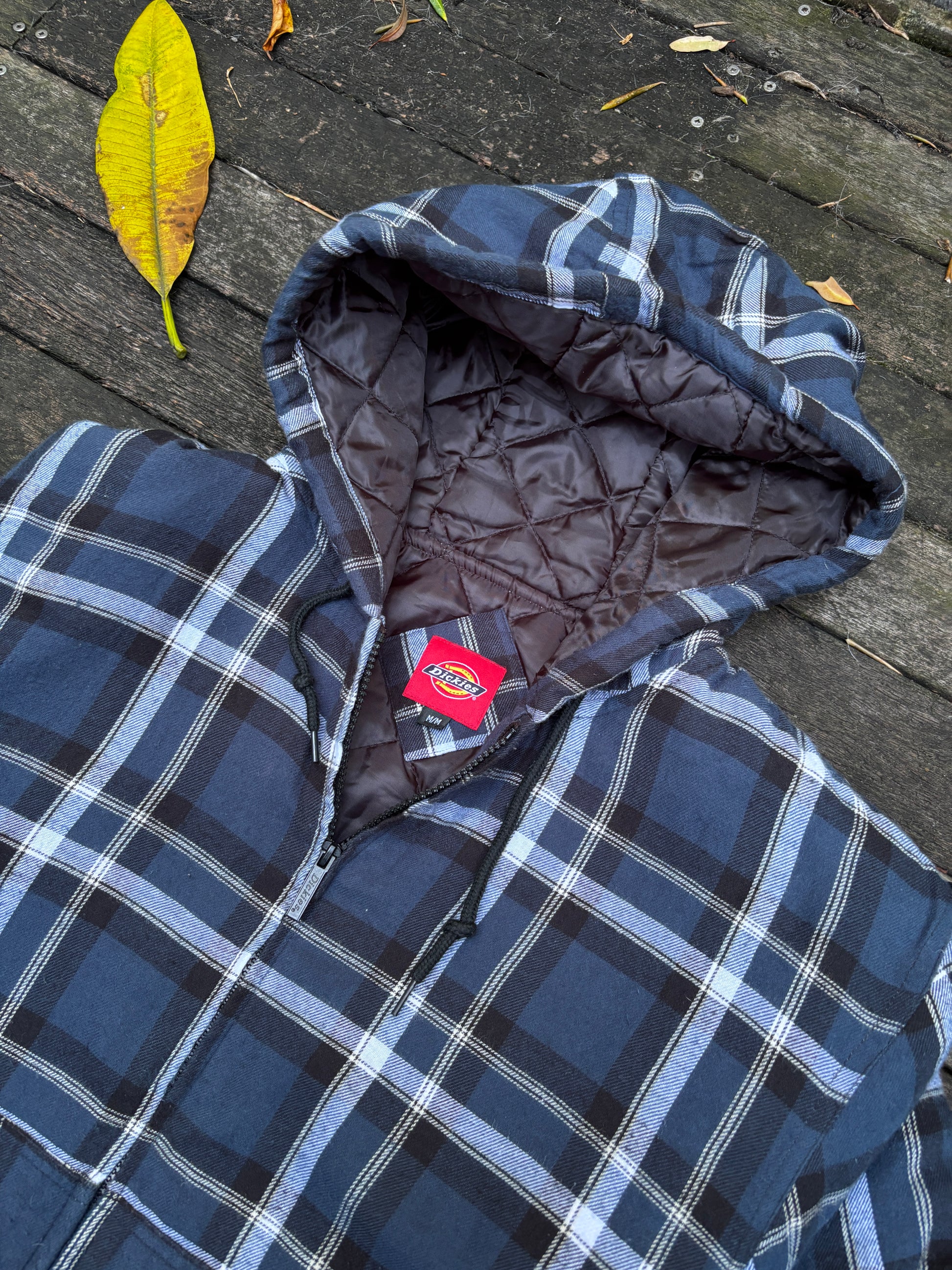 Dickies Flannel Jacket Size M Blue Quilted Workwear Hooded Coat