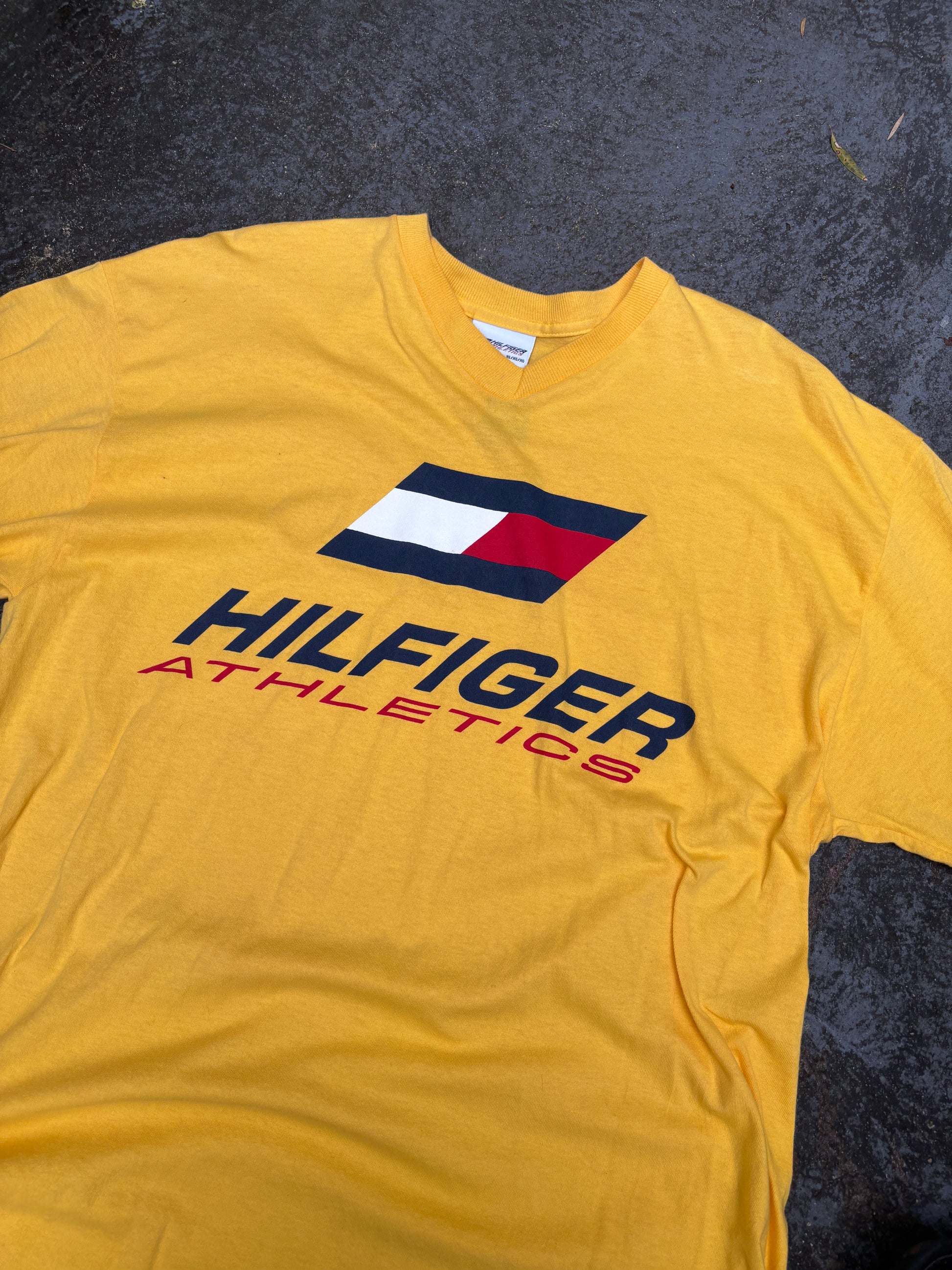 Vintage 90s Tommy Hilfiger Athletics T-shirt Sz XL Spell Out Logo V-Neck USA