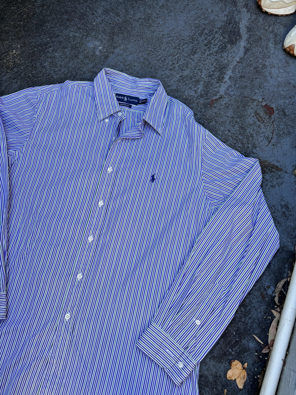 Vintage 90s Ralph Lauren Shirt Men’s XL Purple Green Down Stripe Cotton Navy Pony