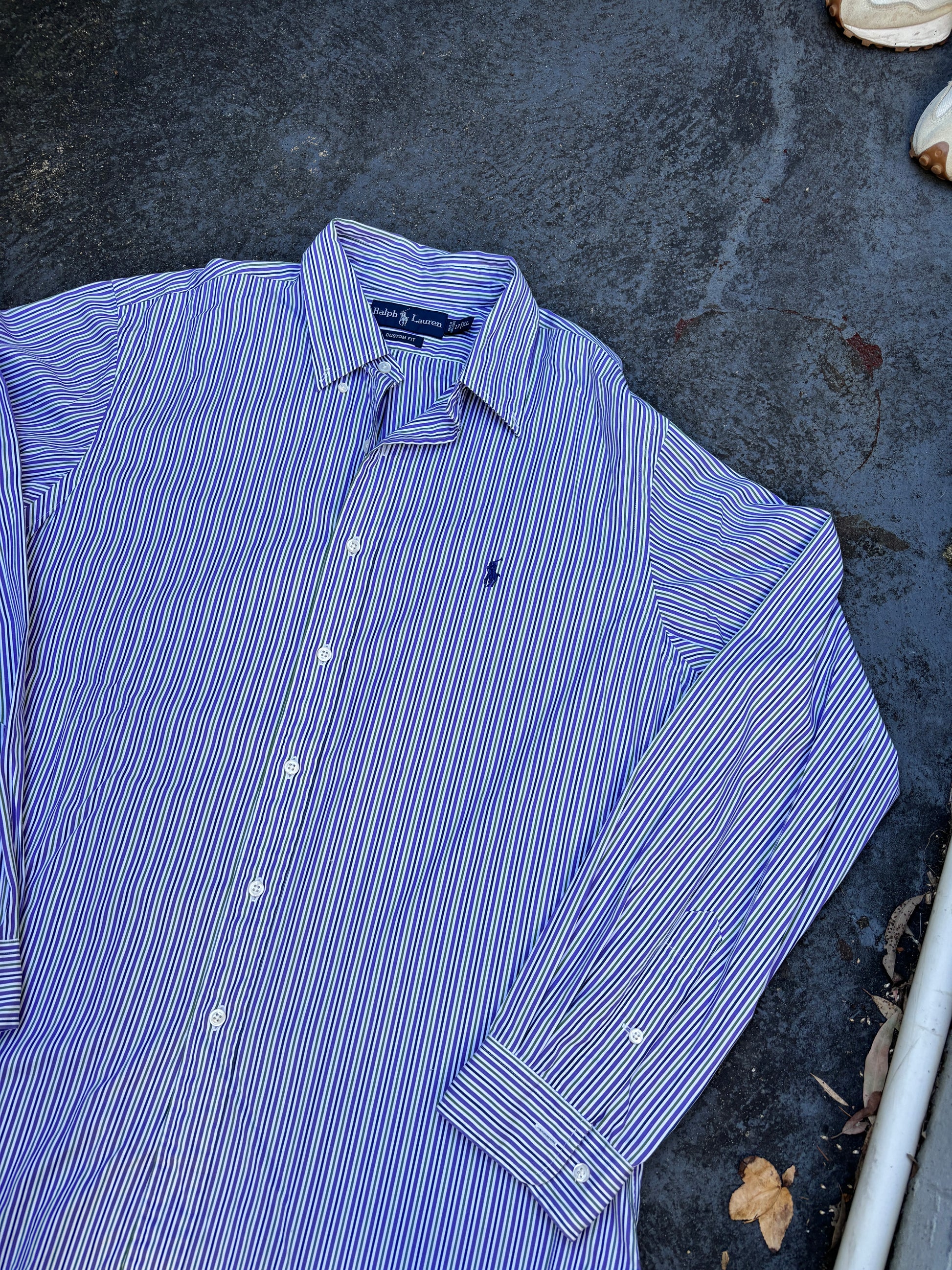 Vintage 90s Ralph Lauren Shirt Men’s XL Purple Green Down Stripe Cotton Navy Pony