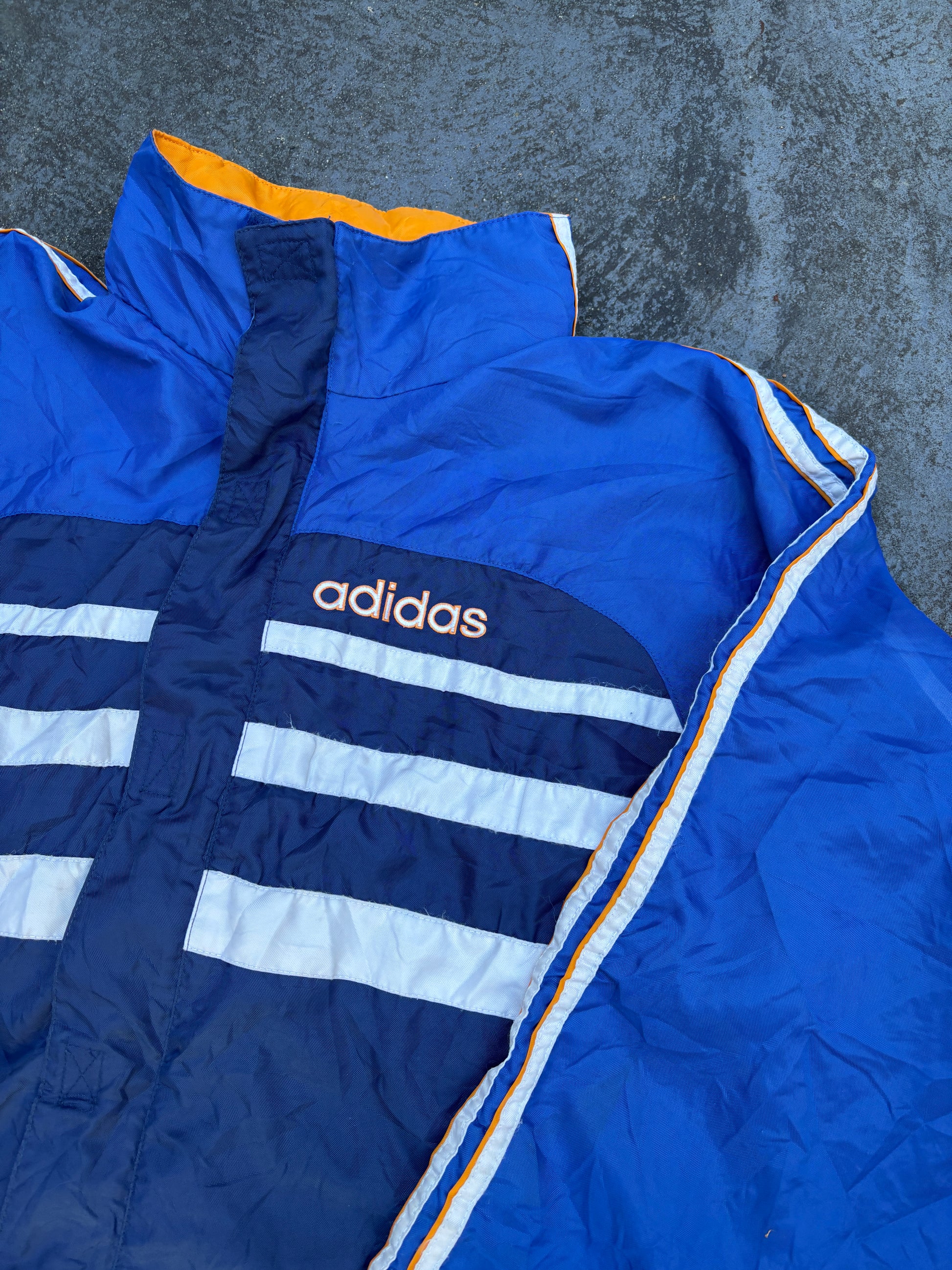 Vintage 90s Adidas Jacket Size M Blue Orange Retro Full Zip Hood Windbreaker