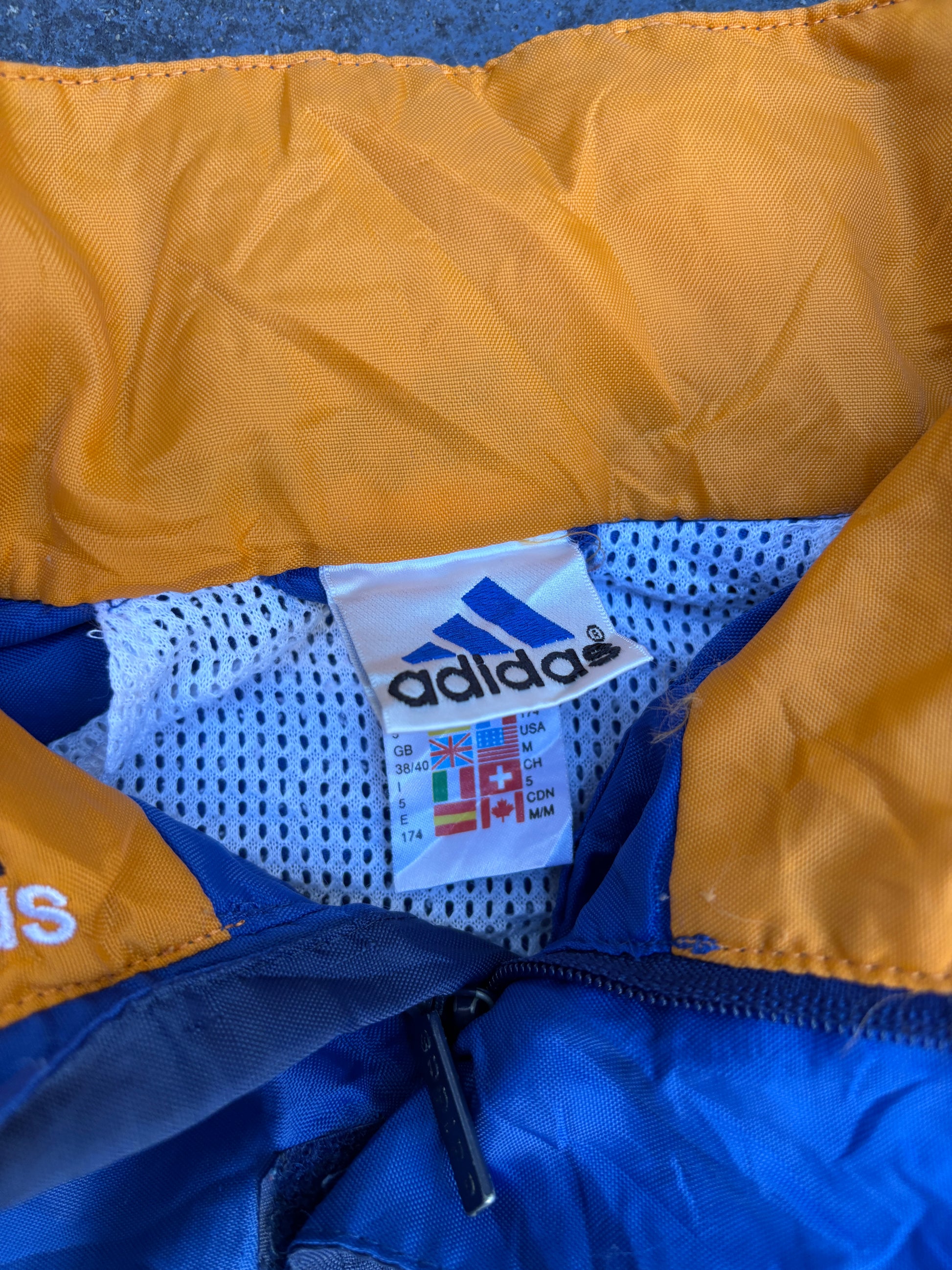 Vintage 90s Adidas Jacket Size M Blue Orange Retro Full Zip Hood Windbreaker