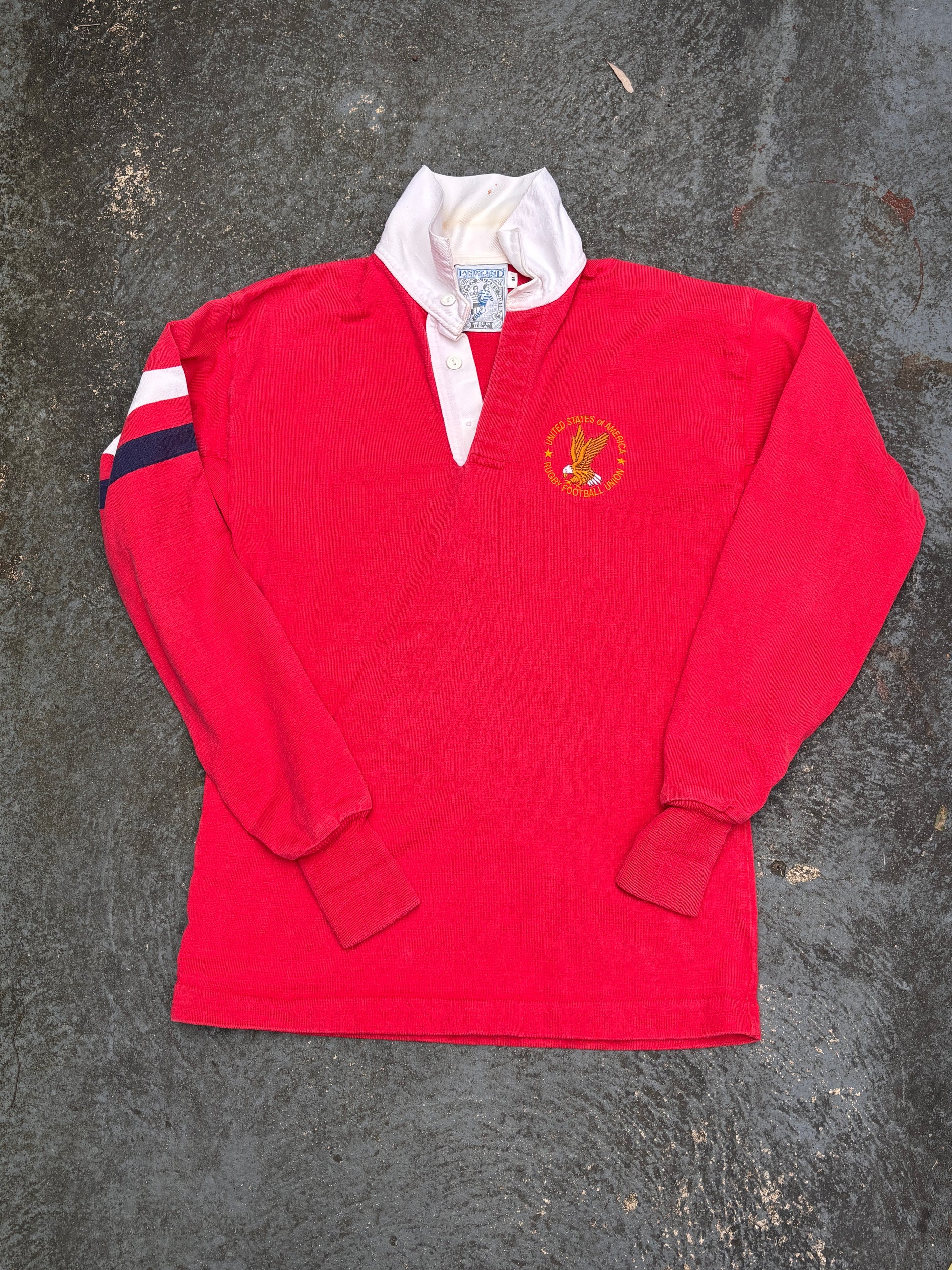 Vintage 90s Lands End Rugby Polo Size M Red Eagle Embroidered Logo Made in USA