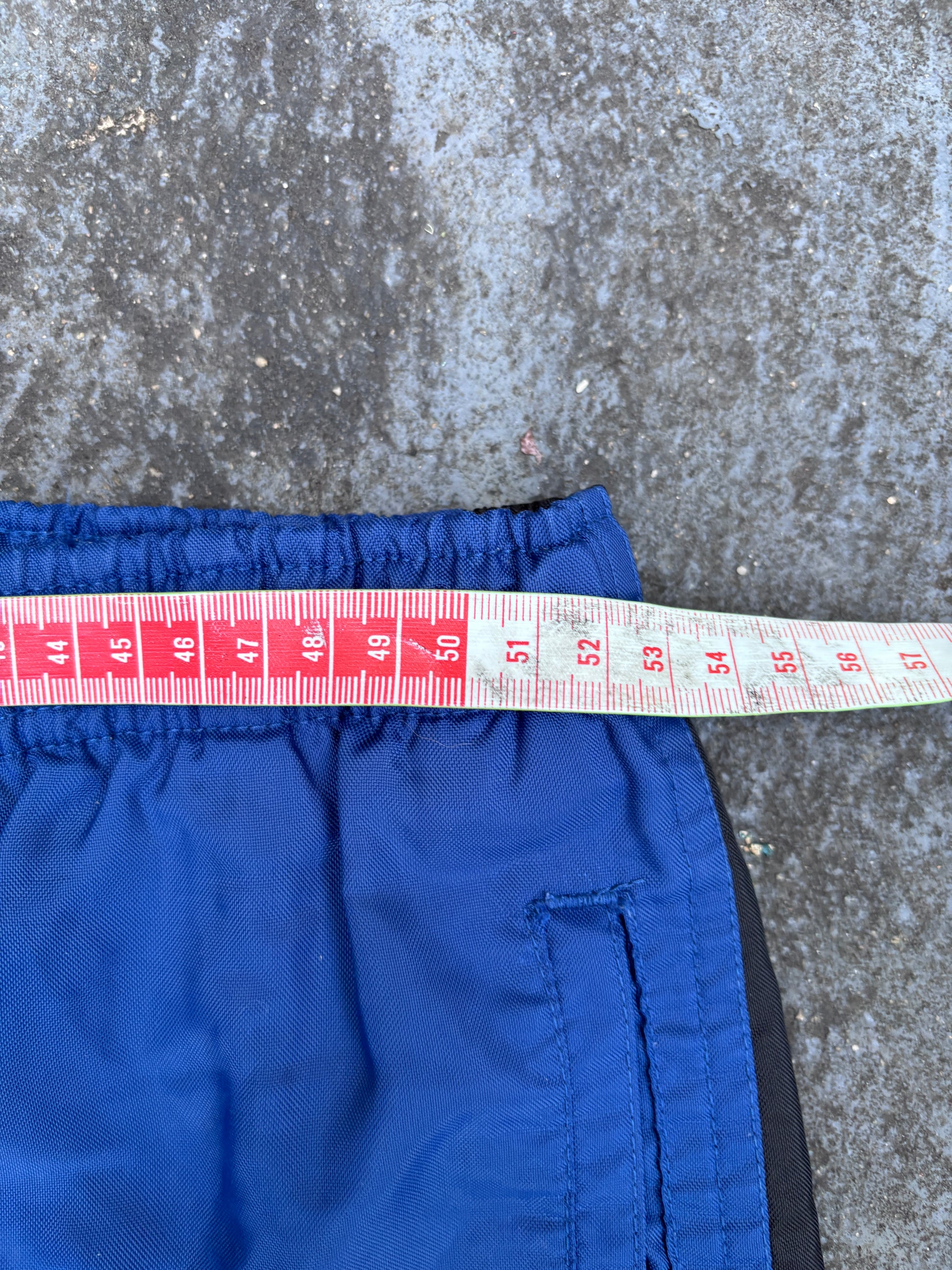 Vintage 90s Nike Track Pants Size XL Blue Black Swoosh Spell Out Logo Classic Windbreakers