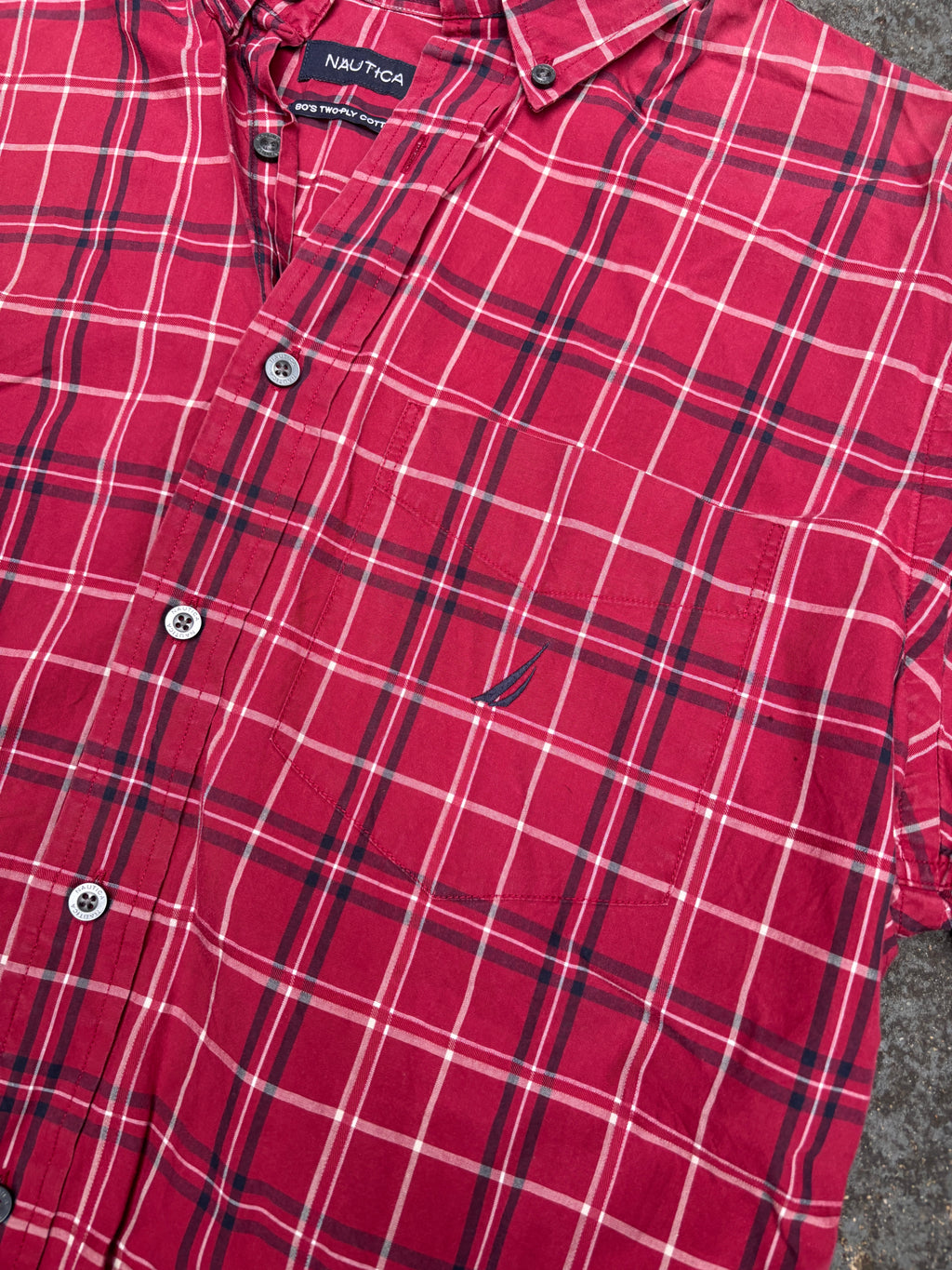 Nautica Shirt Sz M Red Navy Check Chest Pocket Logo 2 Ply Cotton Oversized Fit