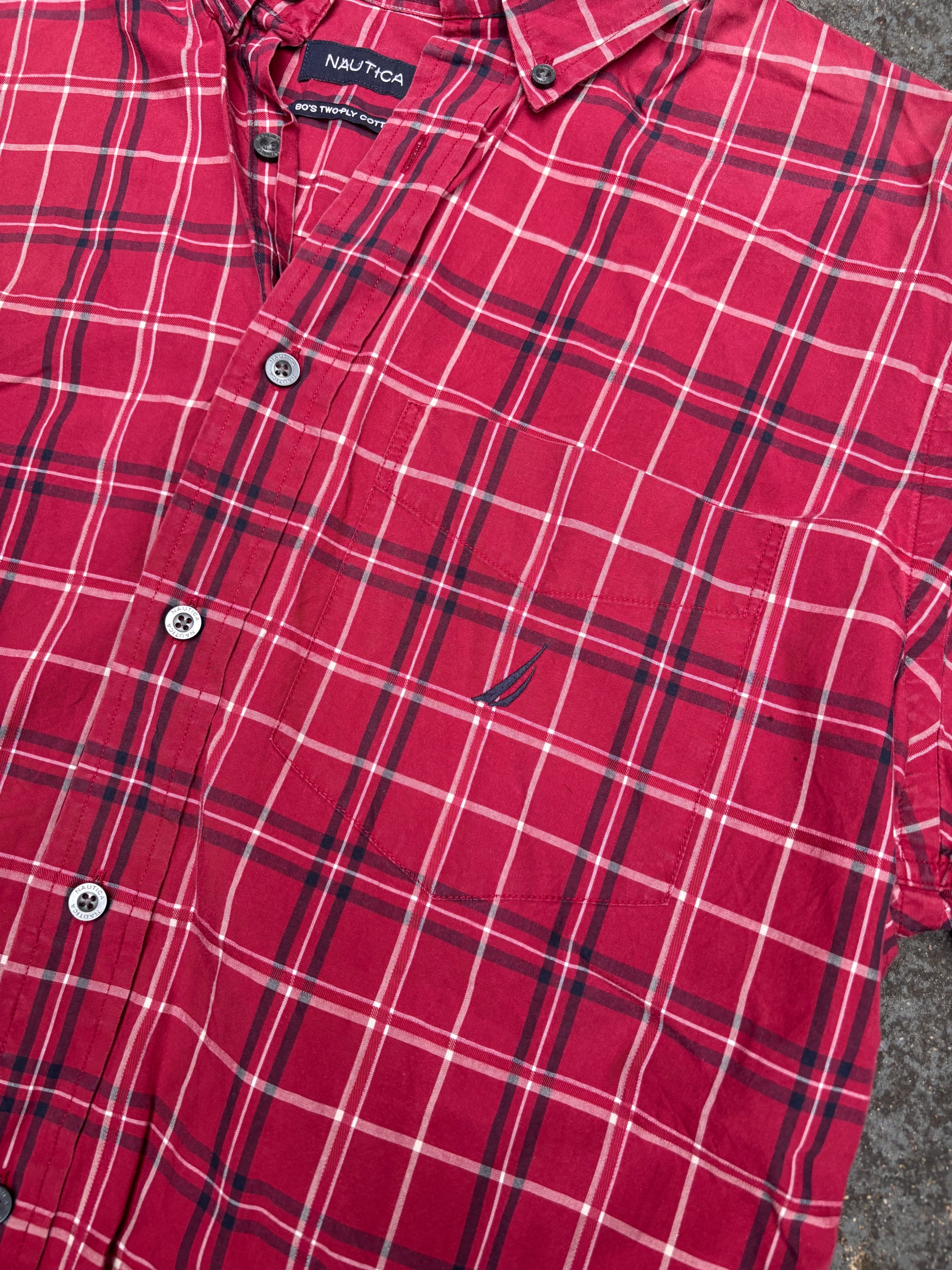Nautica Shirt Sz M Red Navy Check Chest Pocket Logo 2 Ply Cotton Oversized Fit