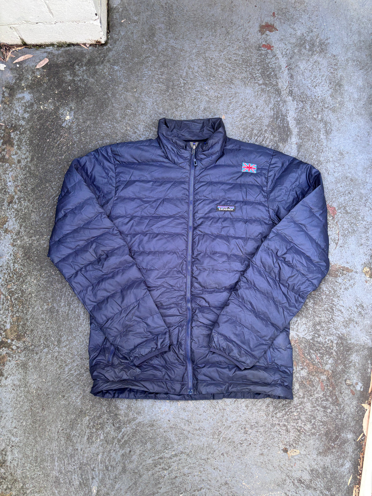 Patagonia Lightweight Puffer Down Jacket Size M Navy Chest Logo Full Zip