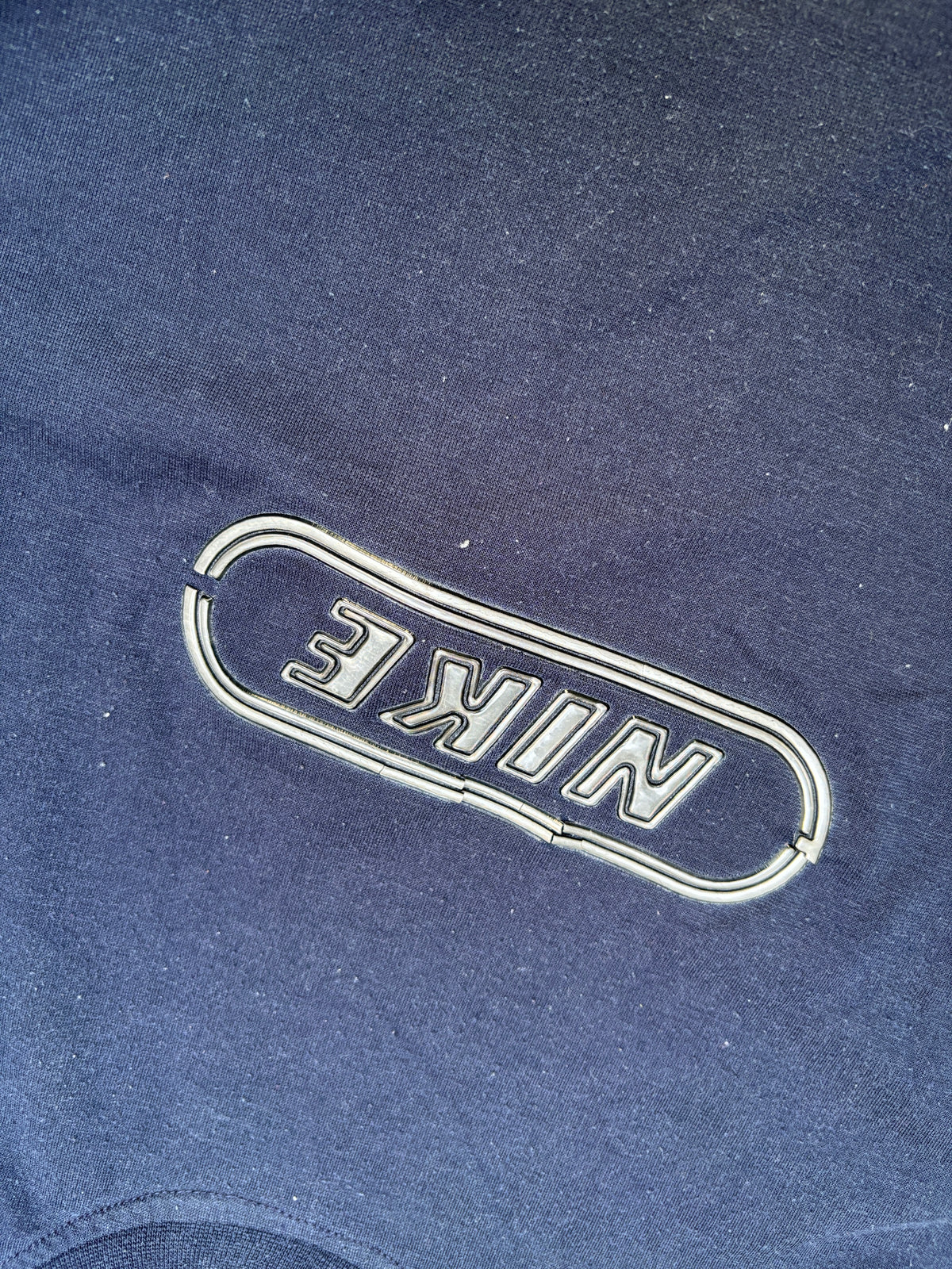 Vintage 90s Nike T-shirt Size S Navy Embossed Spell Out Logo Crew Neck Stretchy