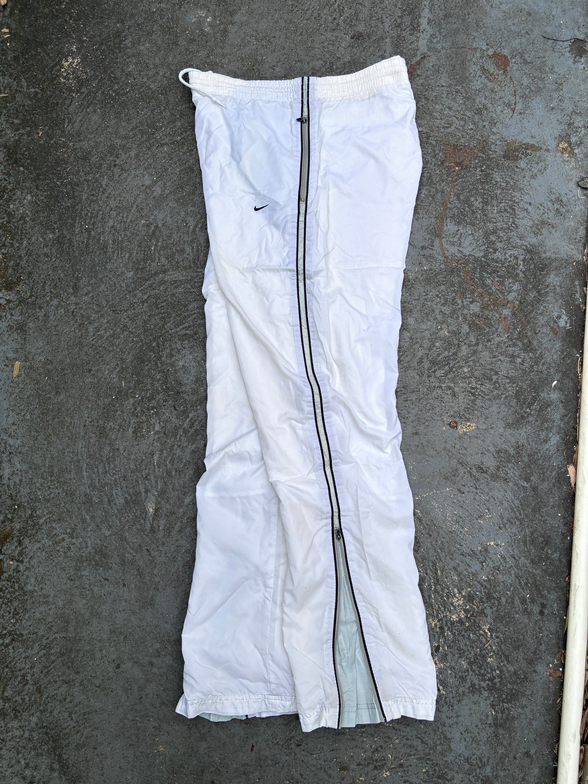 Vintage Y2K Nike Track Pants Size S White Blue Detail Wide Leg Nylon Windbreaker