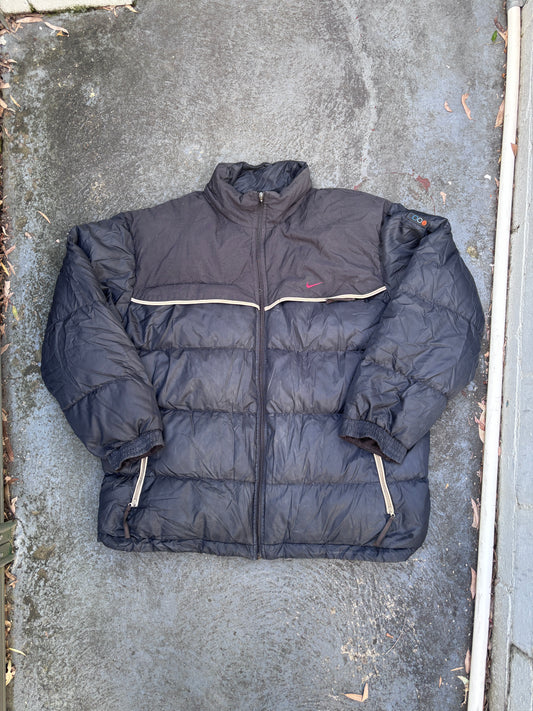 Vintage 90s Nike Down Puffer Jacket Size L Oversized Black Red Swoosh Full Zip