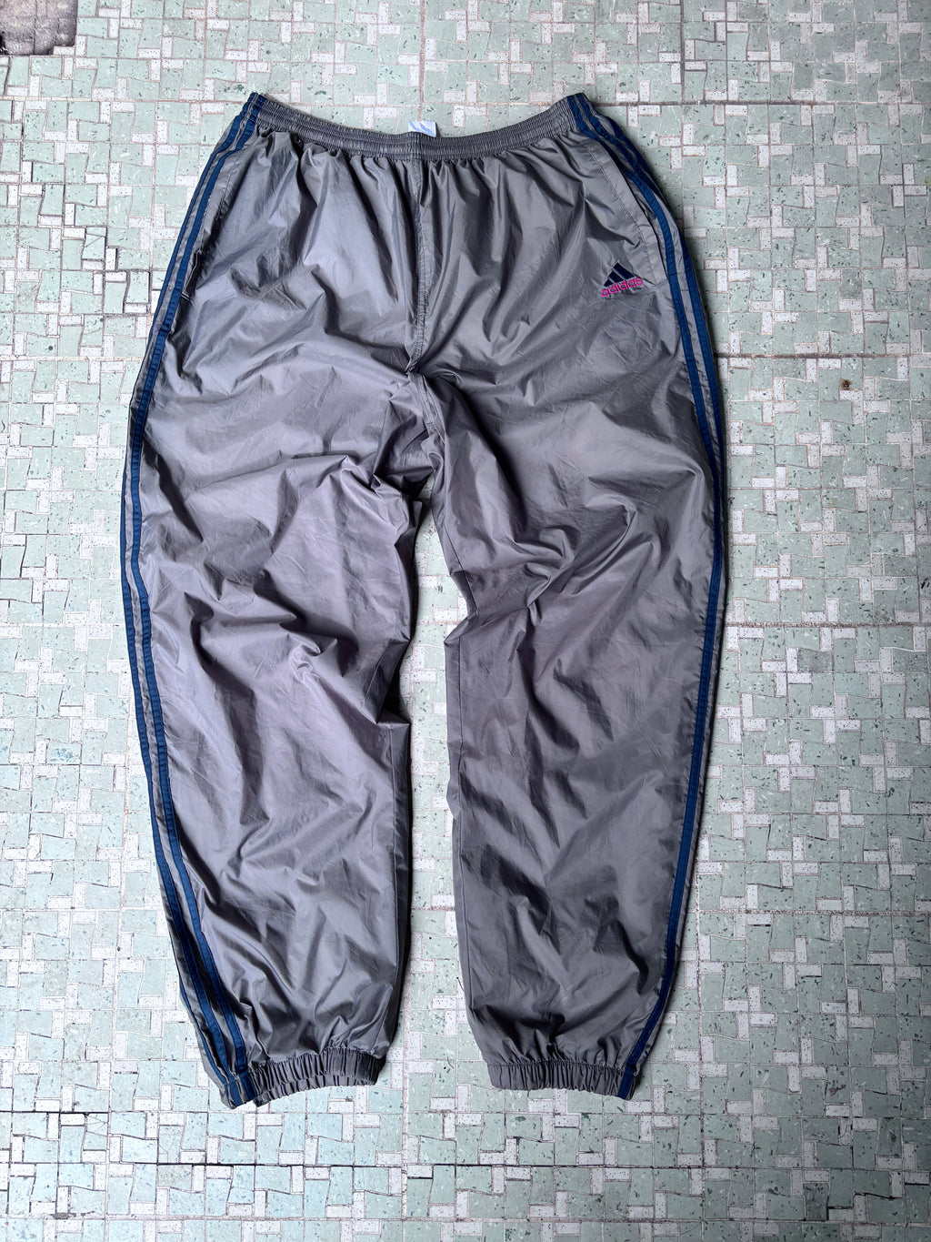 Vintage Adidas Nylon Track Pants – Grey XXL Y2K Windbreaker Wide Leg Cuffed