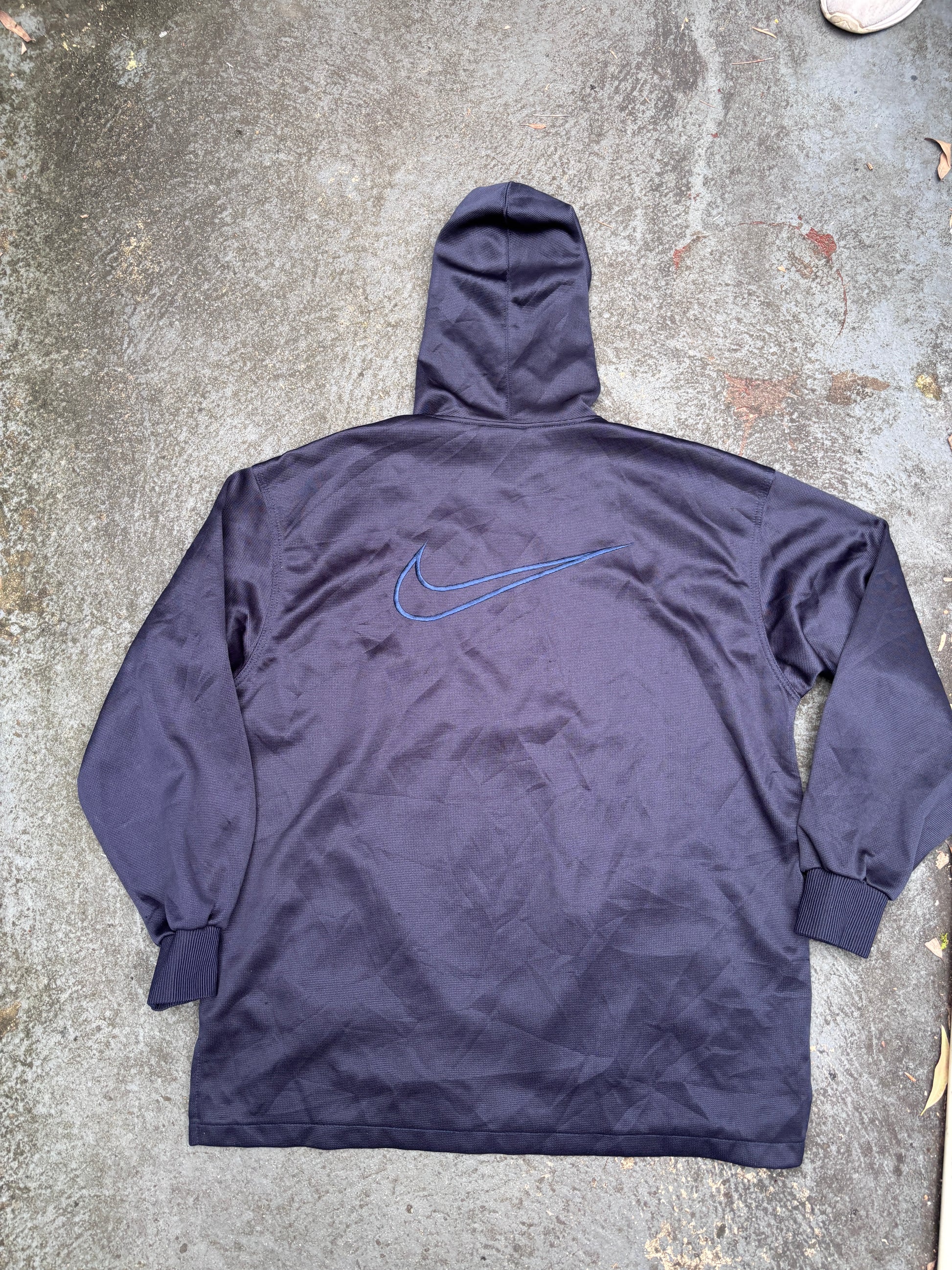 Vintage 90s Nike Anorak Hoodie Size M Navy White Swoosh Mesh Texture Pouch