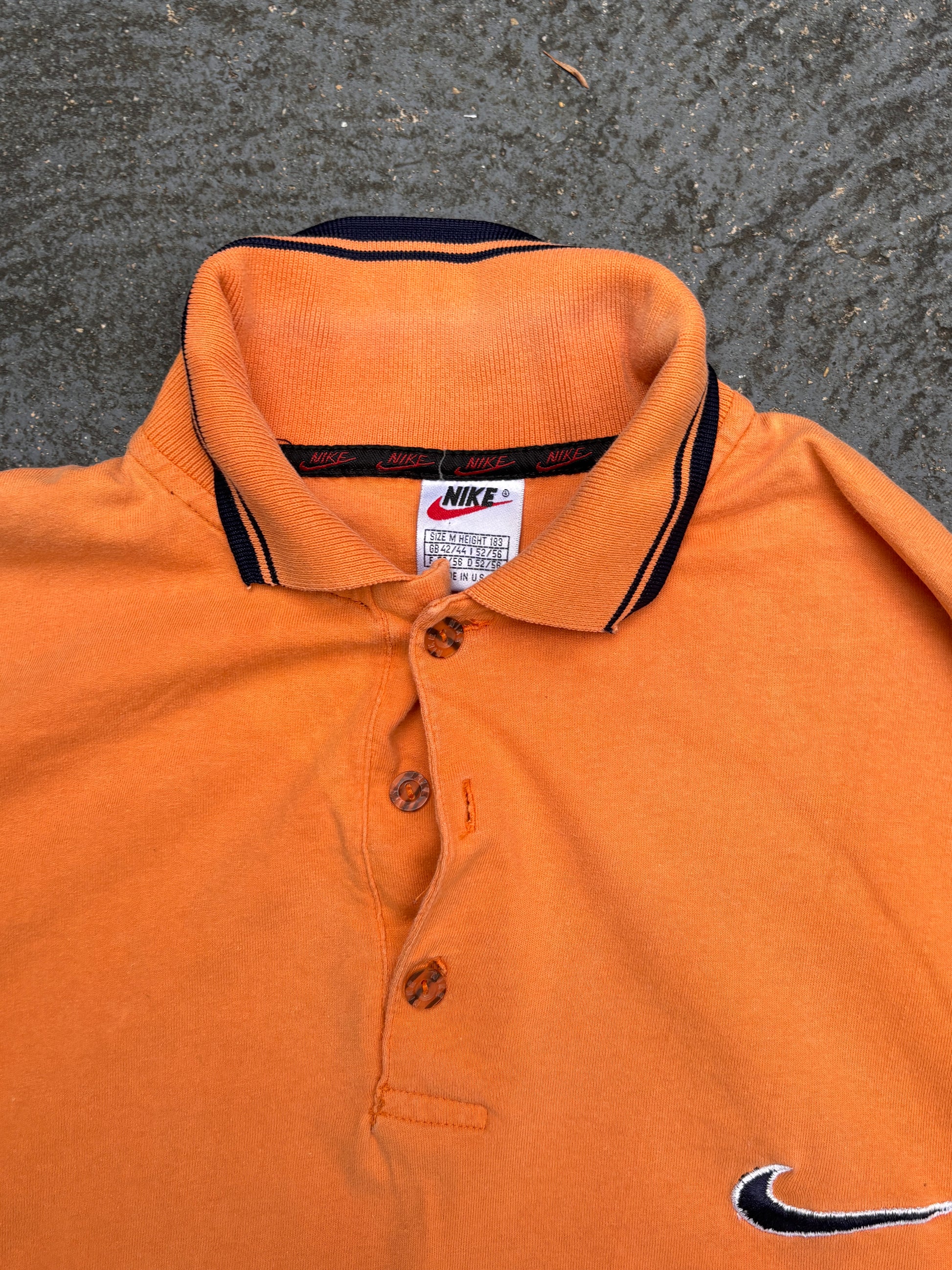 Vintage 90s Nike Polo Shirt Size M Orange Navy Chest Swoosh Made in USA