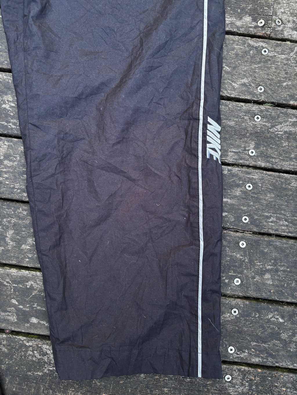 Classic Y2K Nike Track Pants Size L Black w/ Grey Spell Out Logo