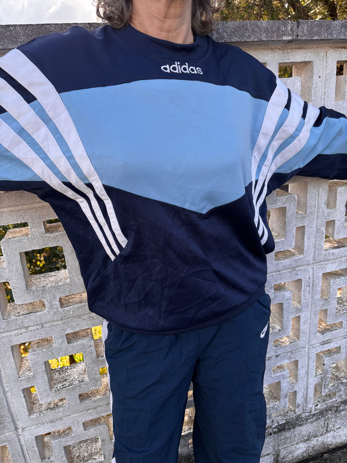 Vintage 90s Adidas Jumper Size L Two Tone Blue Spell Out Logo 3 Stripe