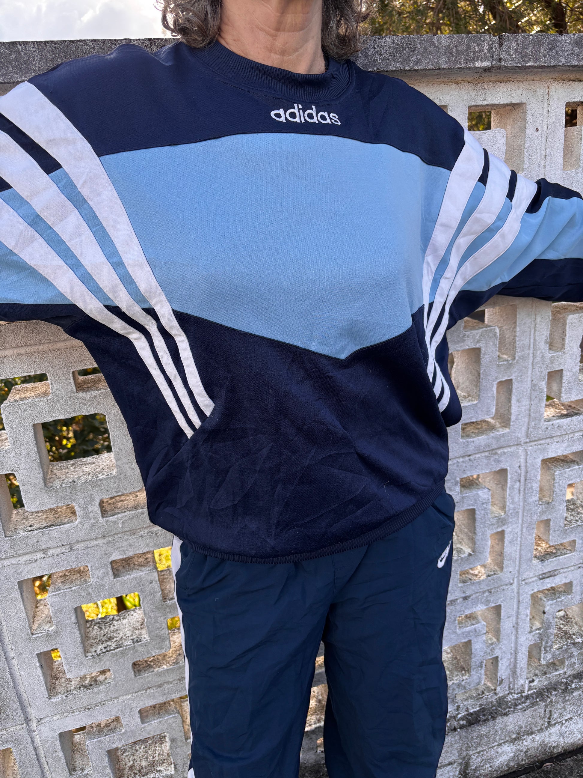 Vintage 90s Adidas Jumper Size L Two Tone Blue Spell Out Logo 3 Stripe