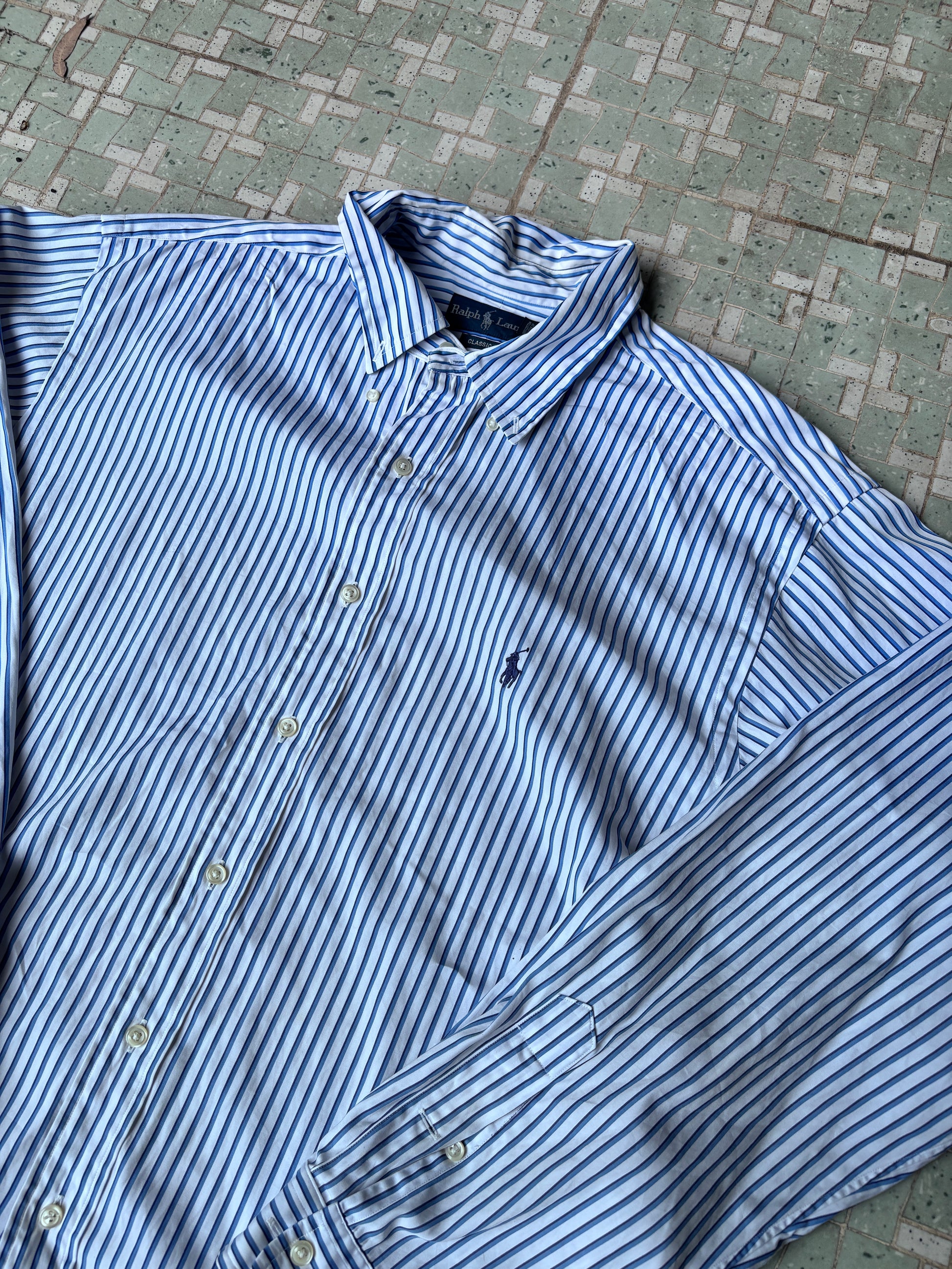 Vintage 90's Ralph Lauren Shirt Size XL Blue Stripped Cotton Dress Button Up