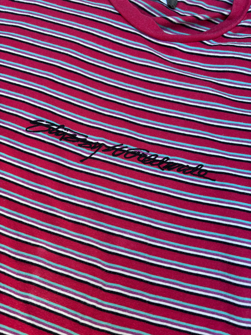 Vintage Y2K Stussy T-Shirt Men’s S Red Striped Spell Out Embroidered Logo