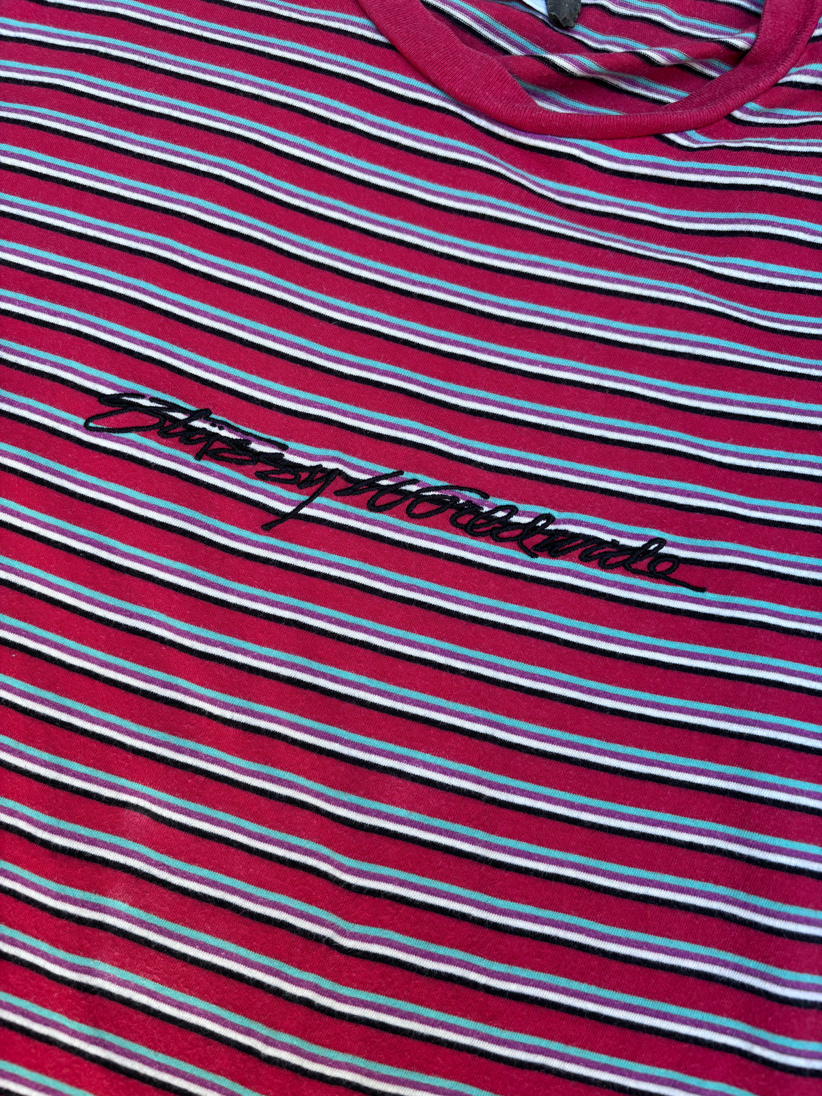 Vintage Y2K Stussy T-Shirt Men’s S Red Striped Spell Out Embroidered Logo
