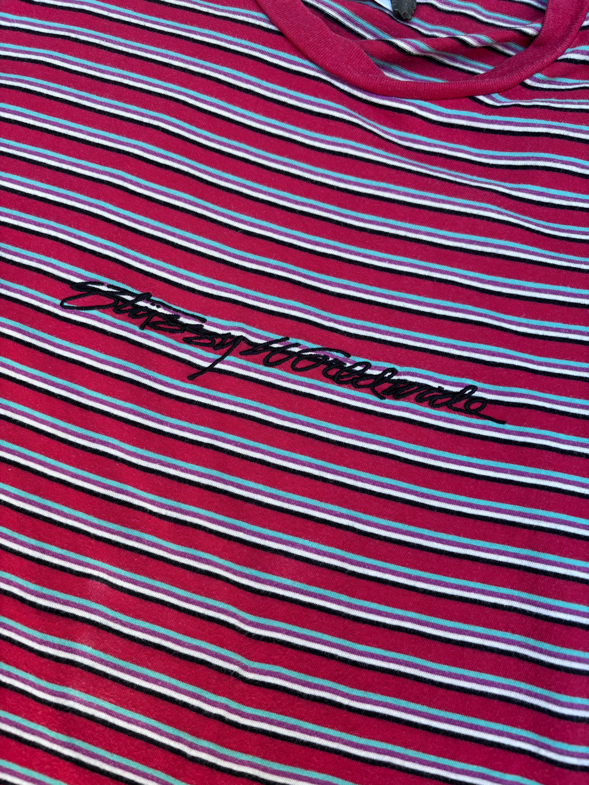 Vintage Y2K Stussy T-Shirt Men’s S Red Striped Spell Out Embroidered Logo