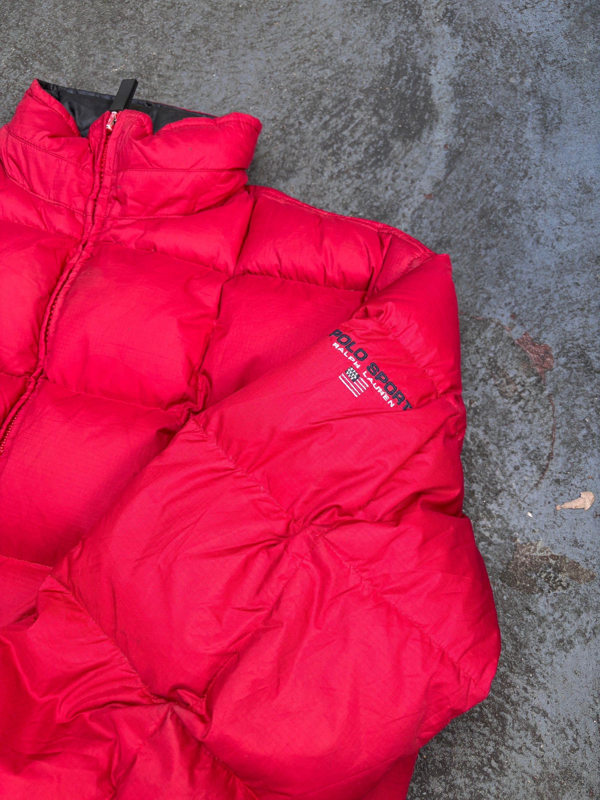 Vintage 90s Polo Ralph Lauren Down Jacket Sz M Red Puffer Embroidered Logo Boxy