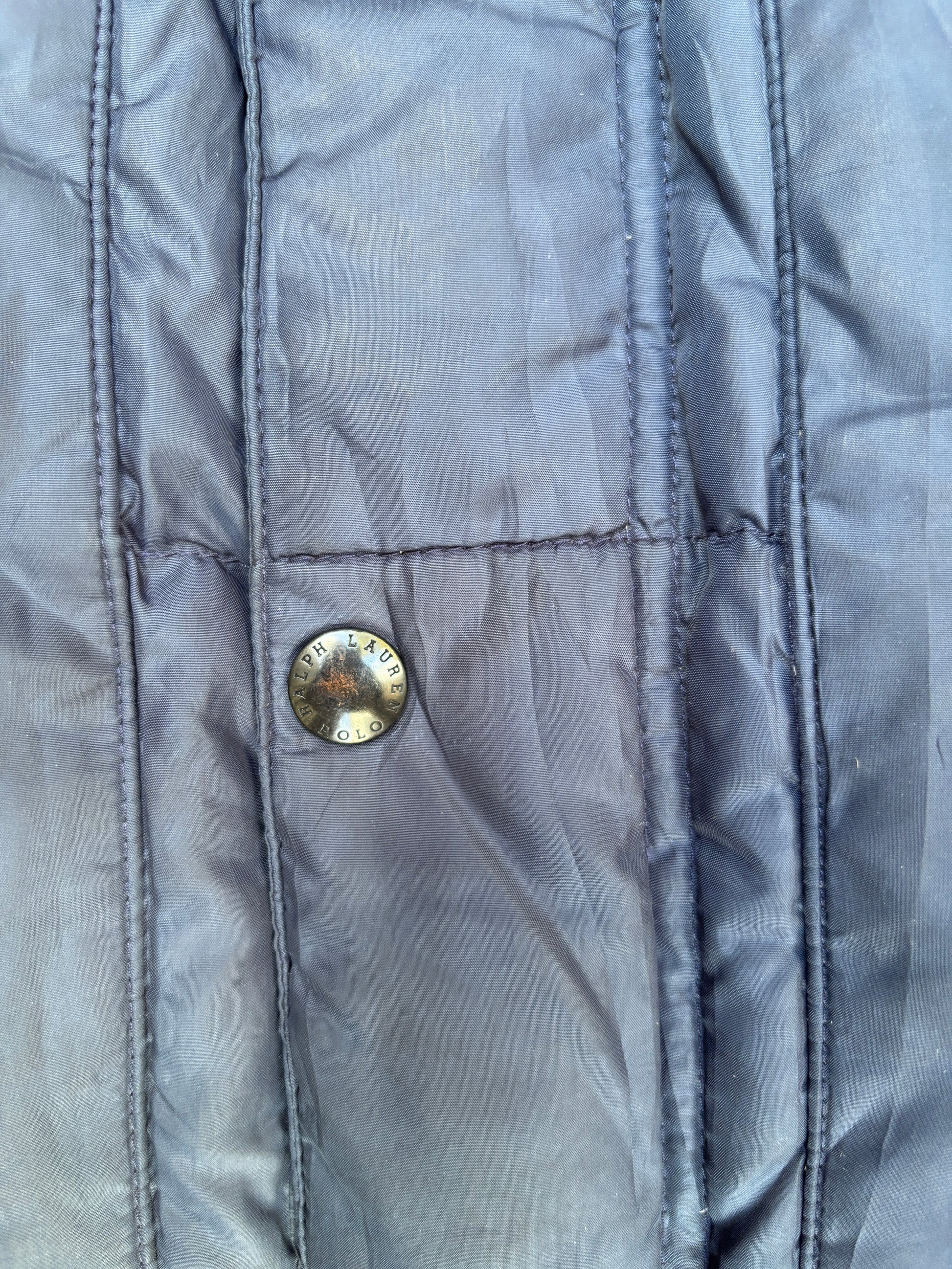 Vintage Y2K Polo Ralph Lauren Down Jacket Sz M Navy Puffer Hood Red Pony Pockets
