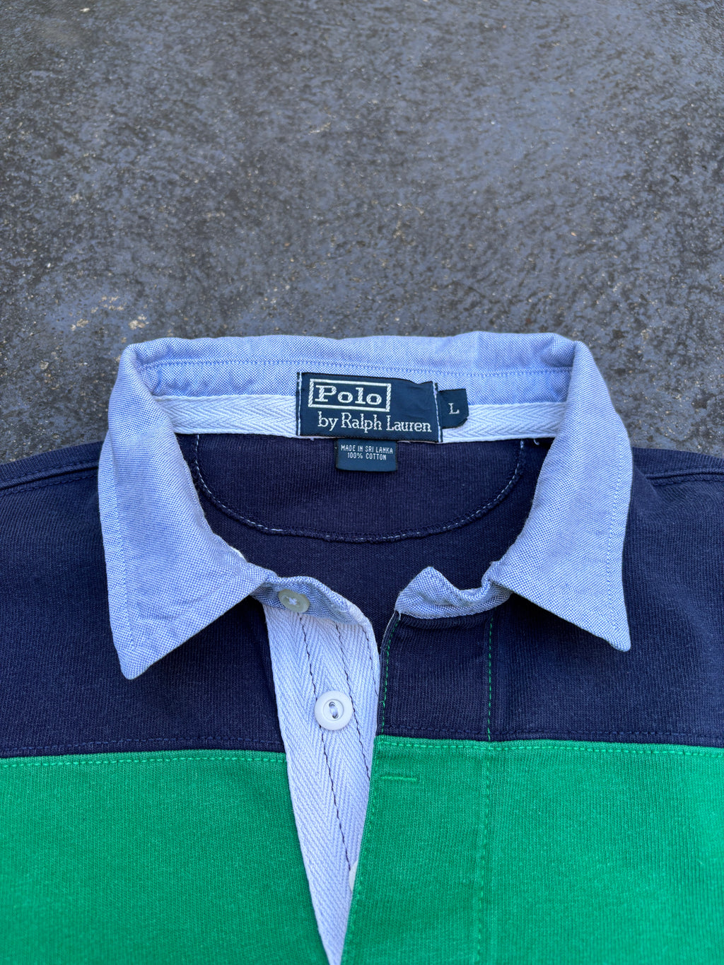 Vintage 90s Polo Ralph Lauren Rugby Polo Men’s L Green Blue Stripe Yellow Pony