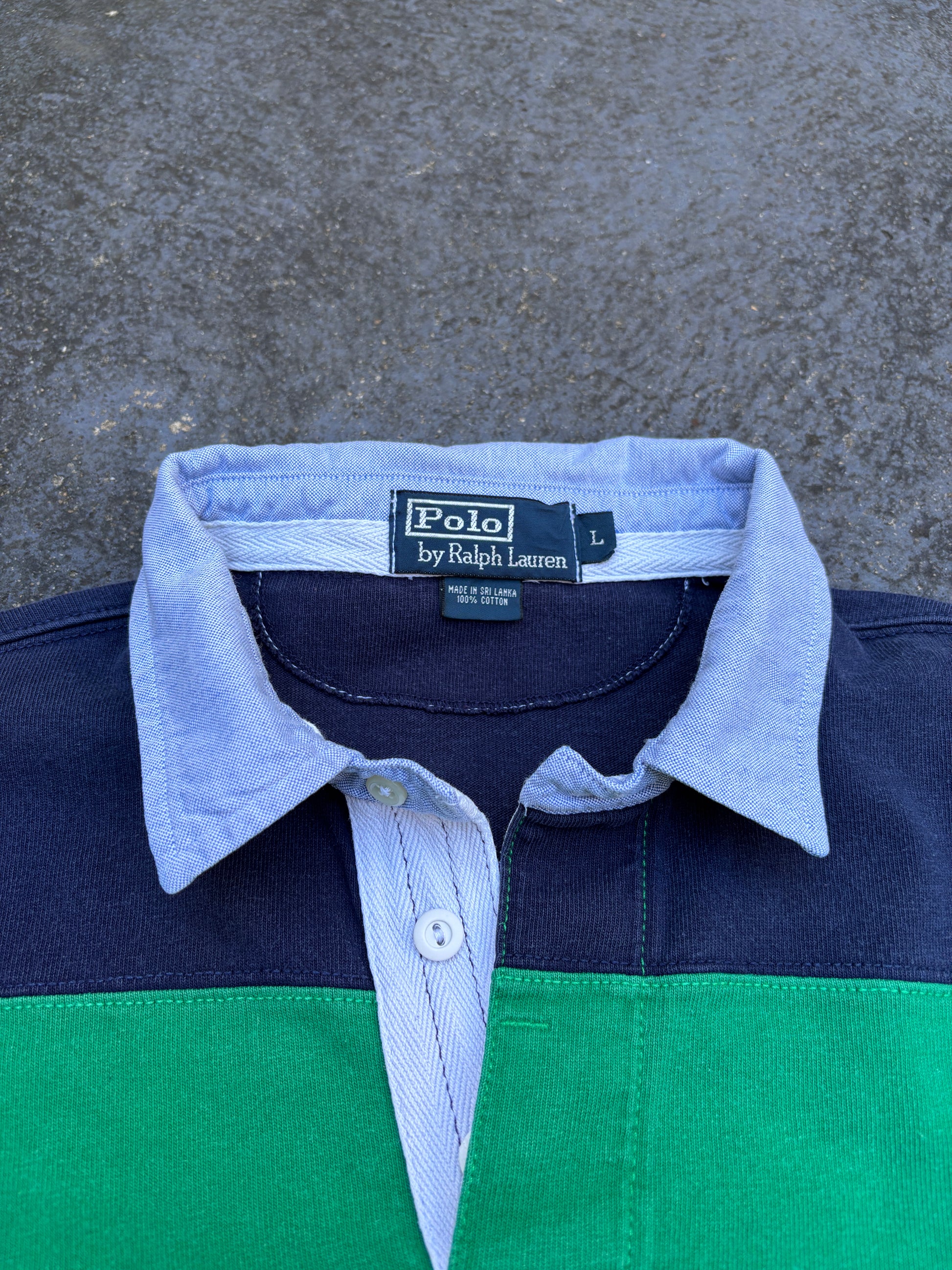 Vintage 90s Polo Ralph Lauren Rugby Polo Men’s L Green Blue Stripe Yellow Pony
