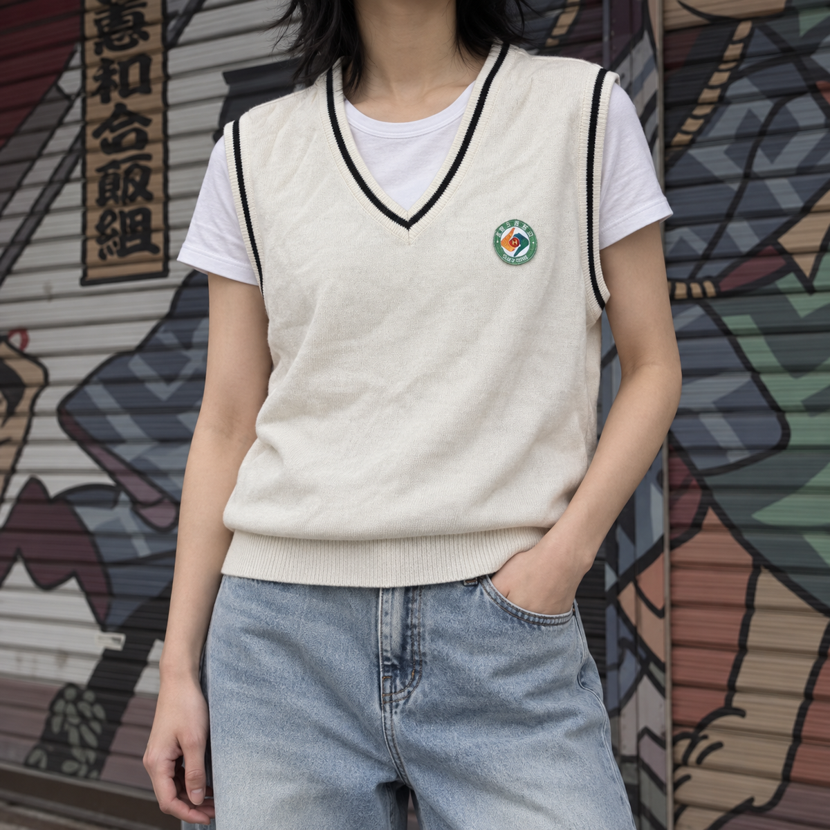 2000s Korean School Uniform Vest Women's Small White V-Neck Jumper