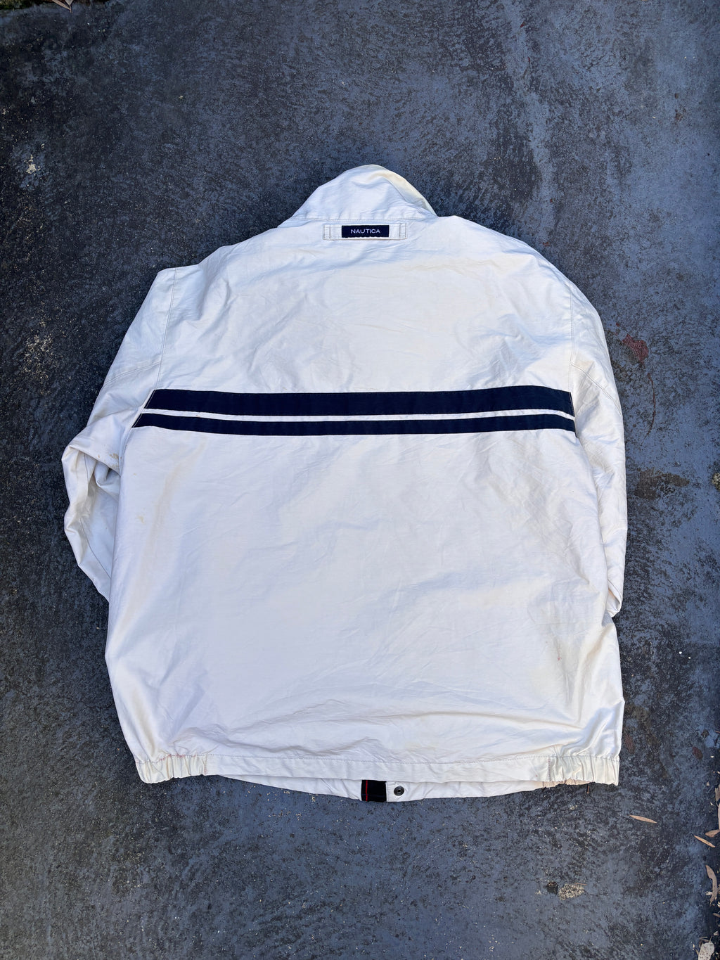 Nautica Sailing Jacket Size M Beige Navy Stripe Spinnaker Yacht Logo Windbreaker