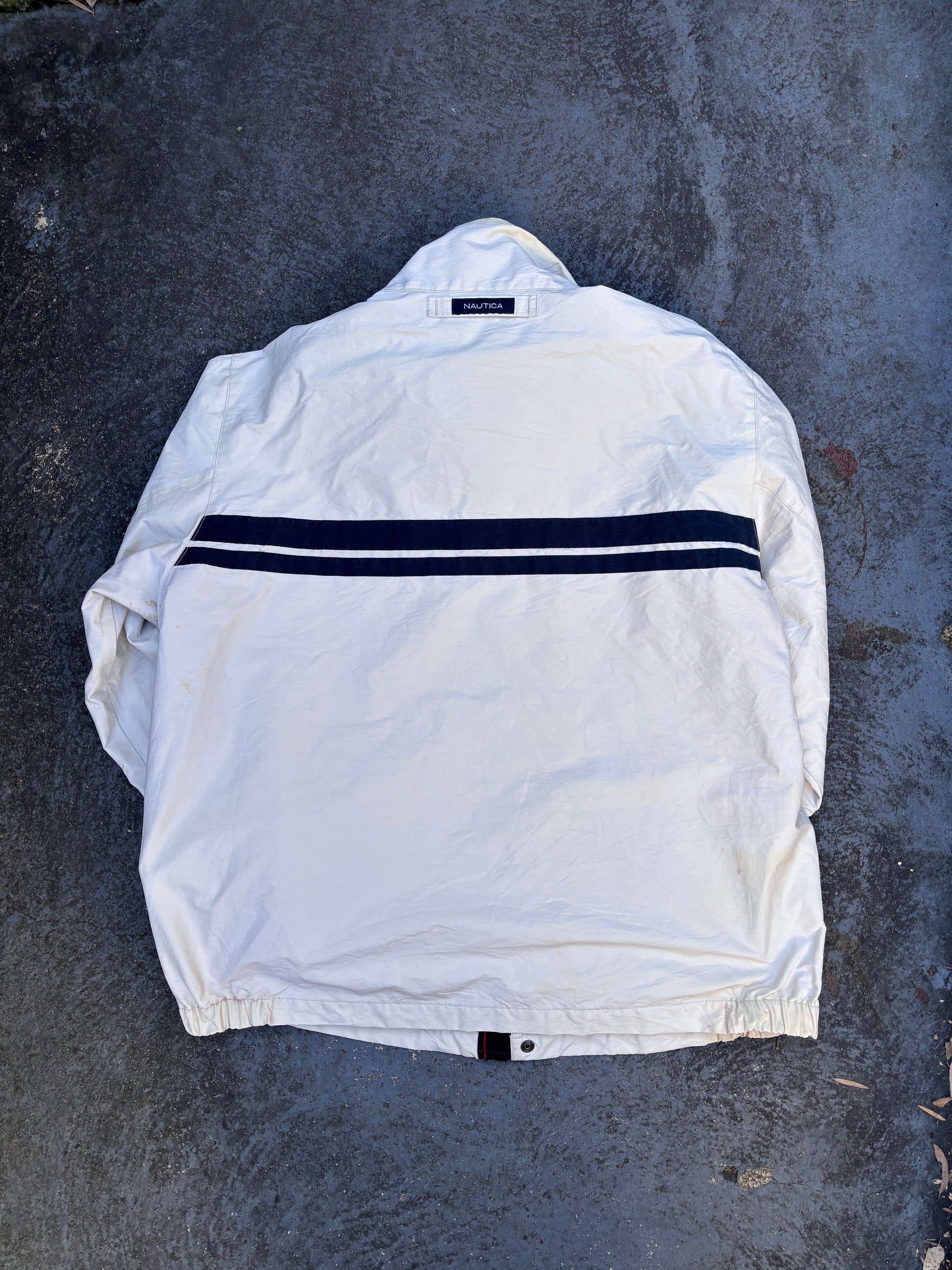Nautica Sailing Jacket Size M Beige Navy Stripe Spinnaker Yacht Logo Windbreaker