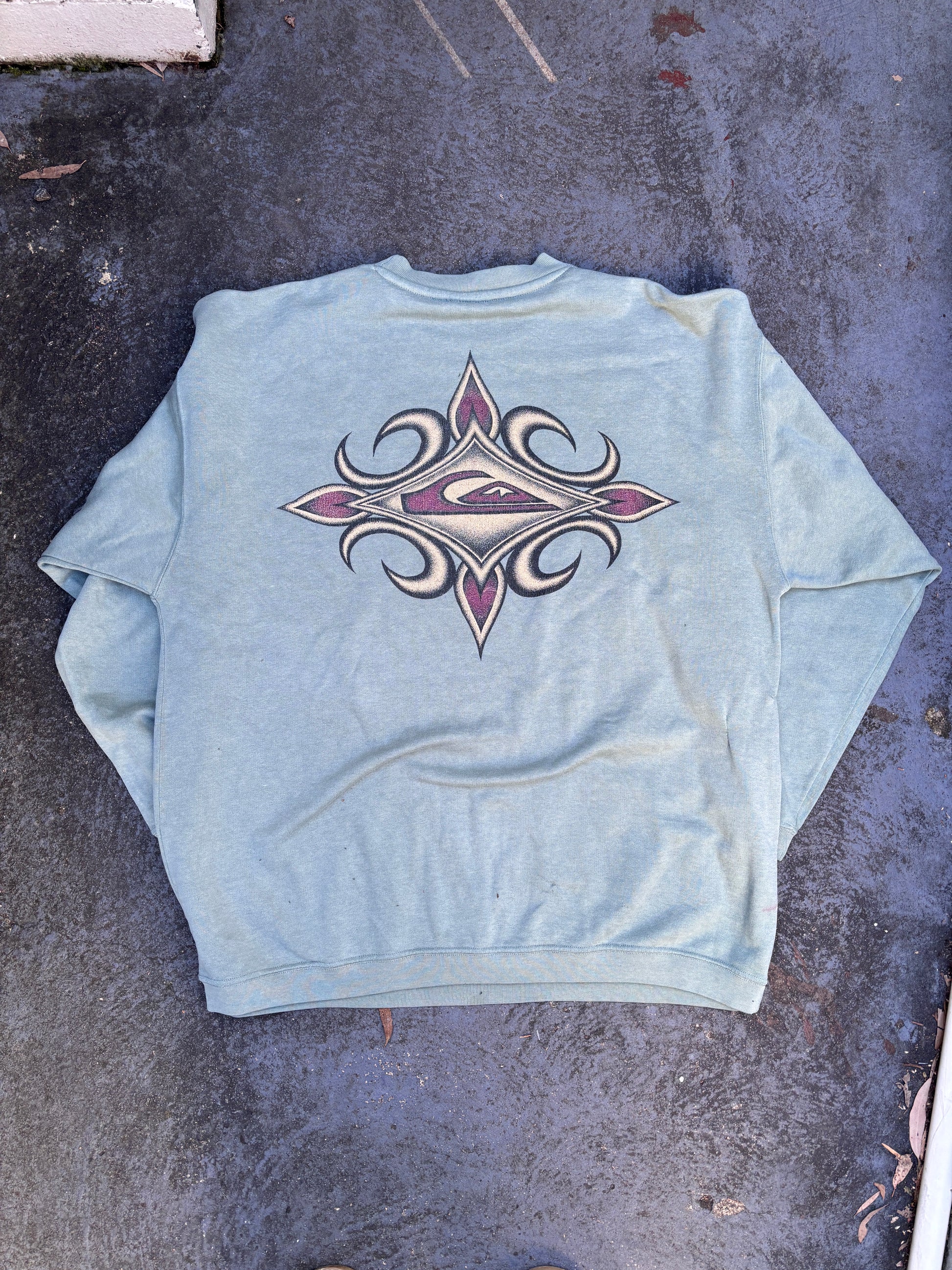 Vintage 90s Quiksilver Jumper Size M Green Large Tribal Logo Surf Wear Crew Neck