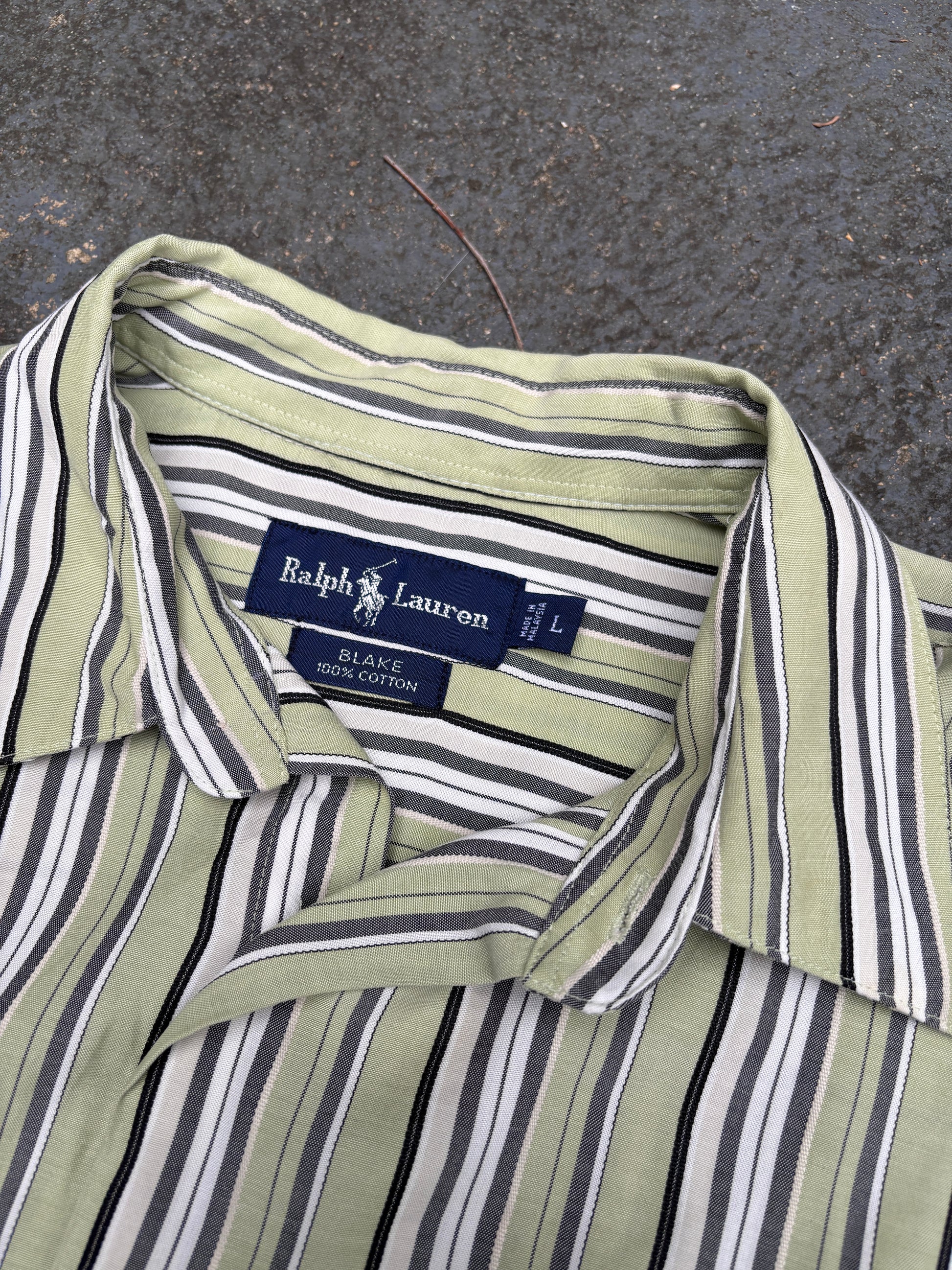 Vintage 90s Ralph Lauren Shirt Size L Green Striped Short Sleeve Navy Pony