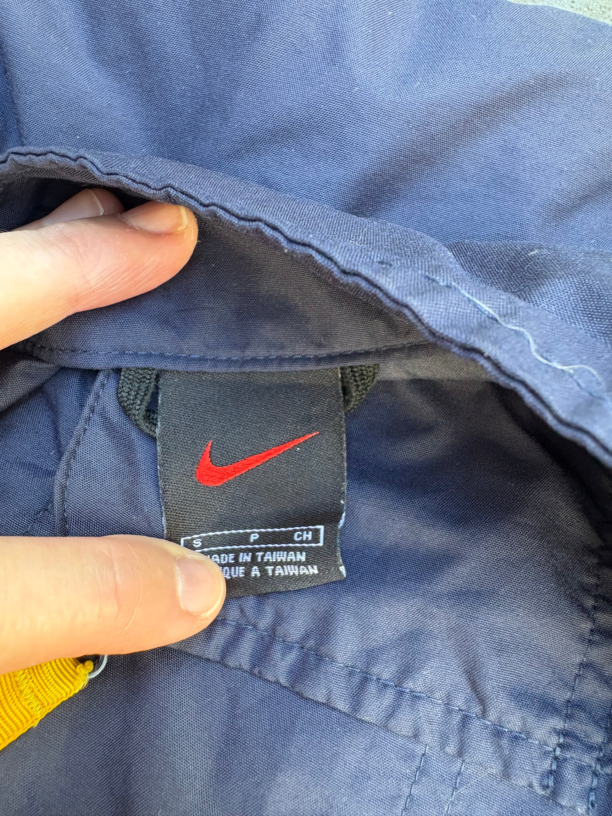 Vintage 90s Nike Jacket Size L Navy Yellow Spell Out Nylon Windbreaker Full Zip
