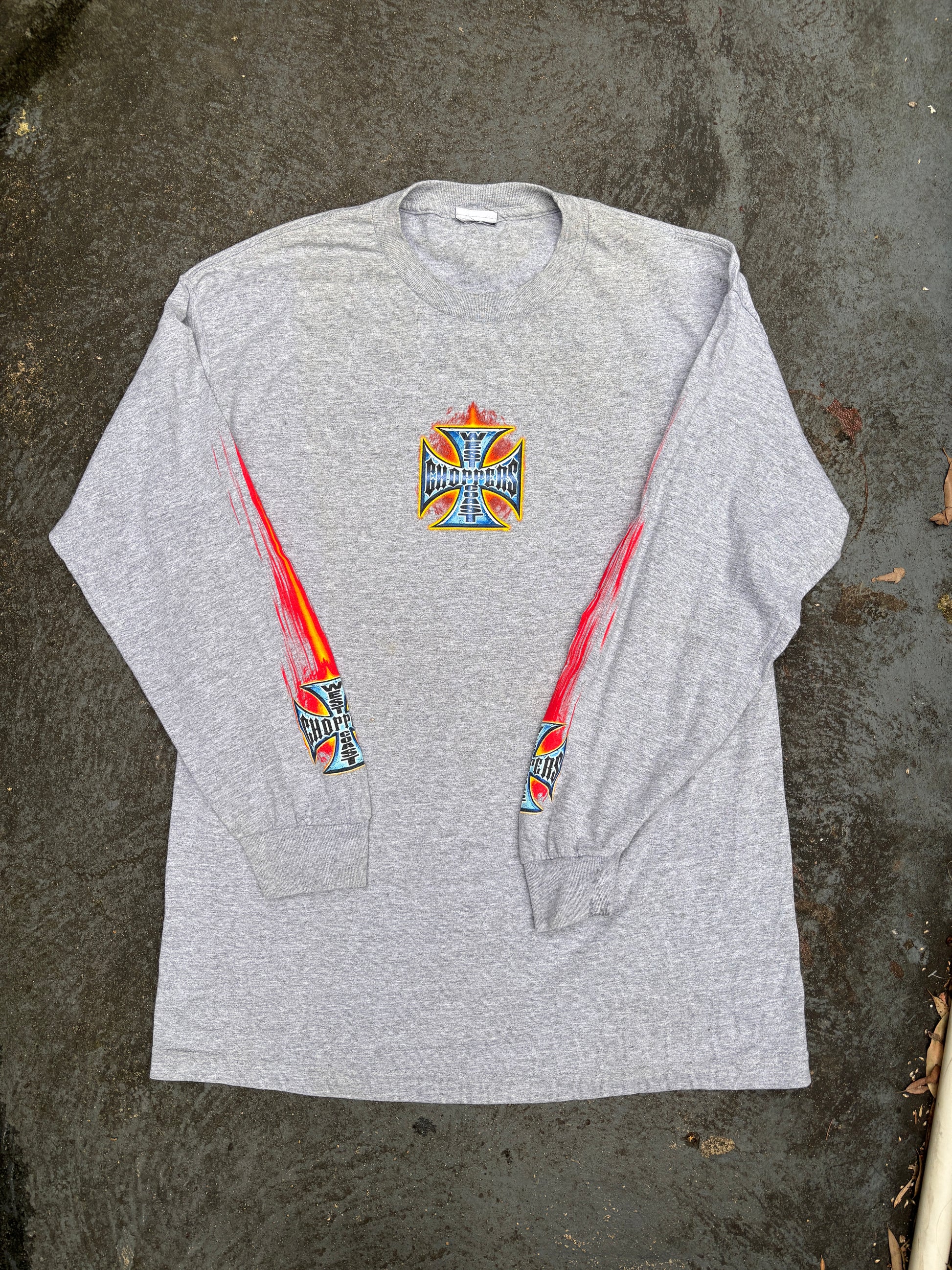 Vintage Y2K West Coast Choppers T-shirt Size M Grey Large Flame Logo Long Sleeve