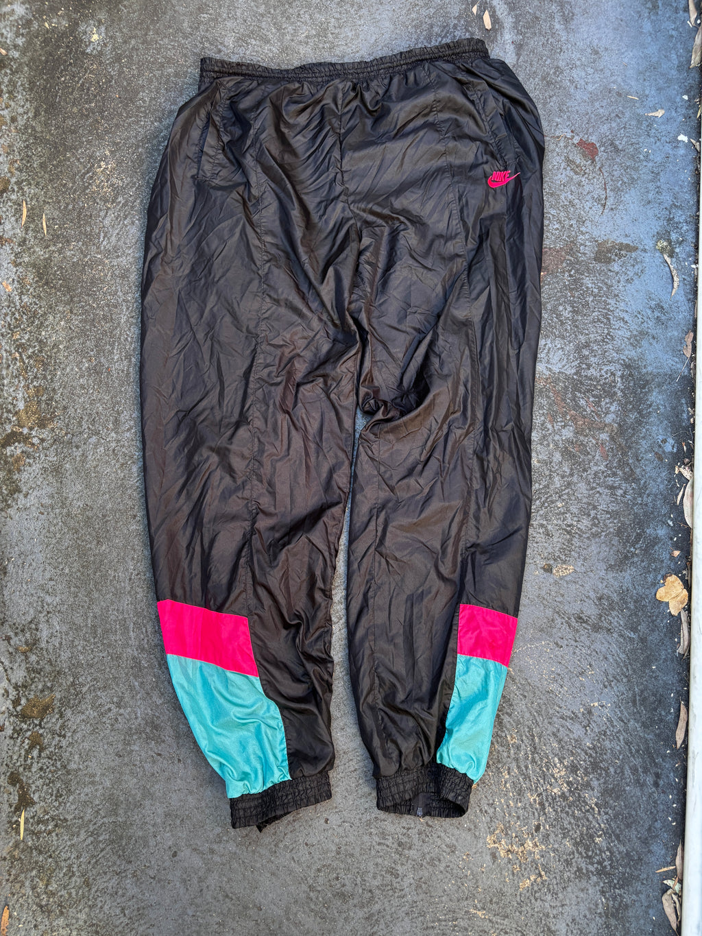 Vintage 80s Nike Track Pants XXL Black Fluro Ski Style Retro Nylon Windbreakers