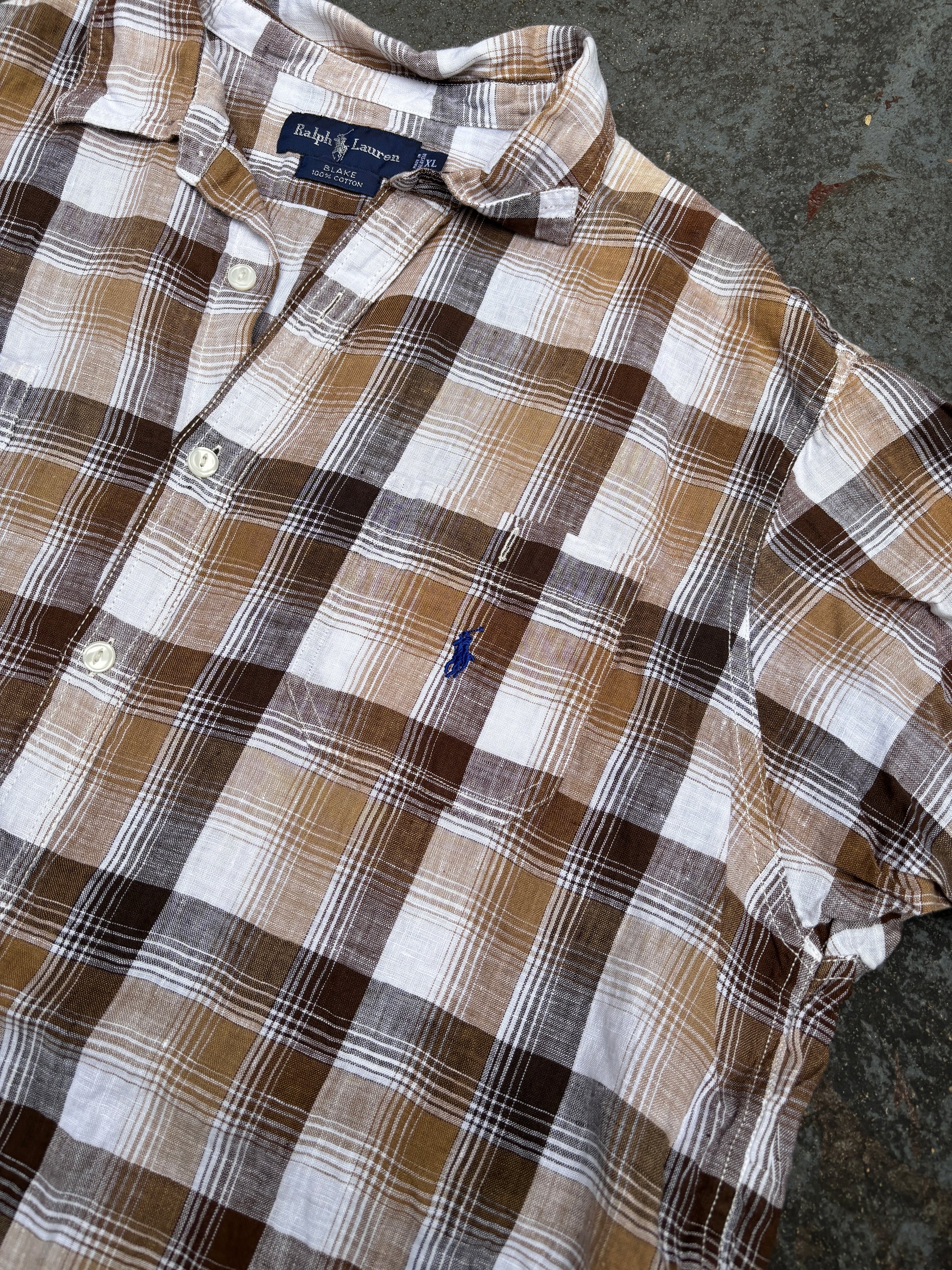 Vintage 90s Ralph Lauren Shirt XL Brown Multi Chest Pocket BluePony Blake Cotton