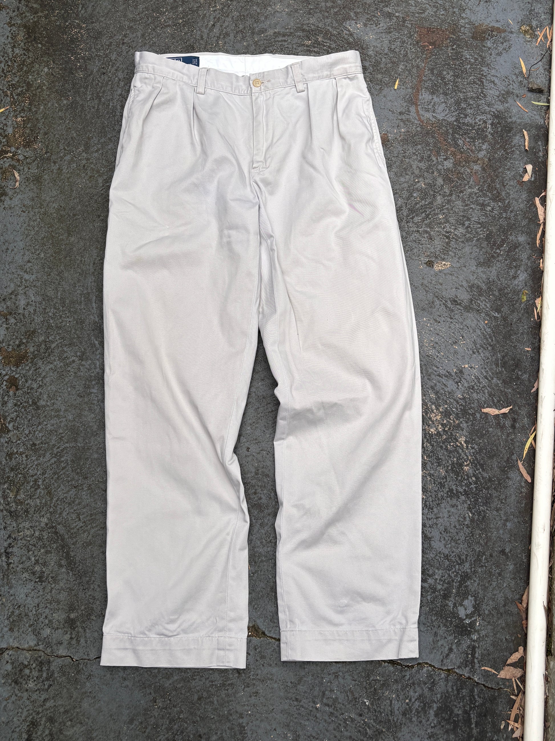 Vintage 90s Polo Ralph Lauren Chino Pants Size 32 Grey Wide Leg Ethan Pant Navy Pony